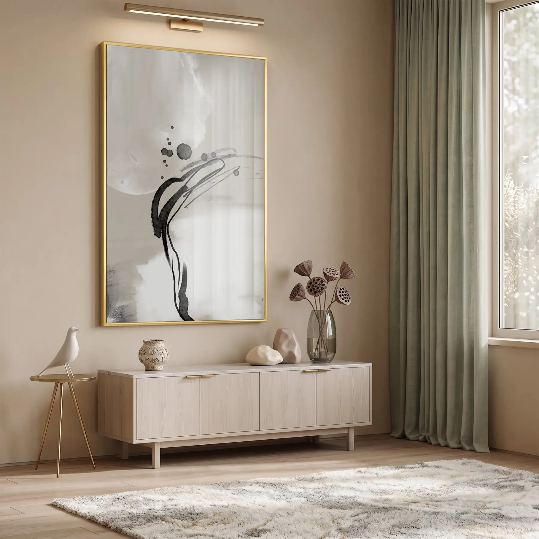 Soyut Akış Açık Bej Tonları Tekli Gold Metal Çerçeveli Cam Tablo Poster Dekoratif