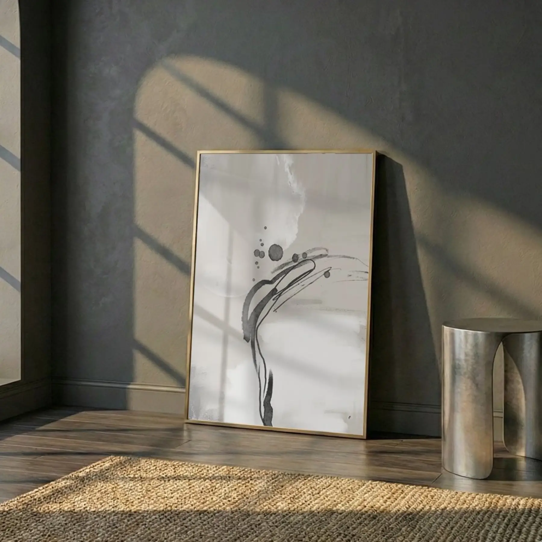 Soyut Akış Açık Bej Tonları Tekli Gold Metal Çerçeveli Cam Tablo Poster Dekoratif