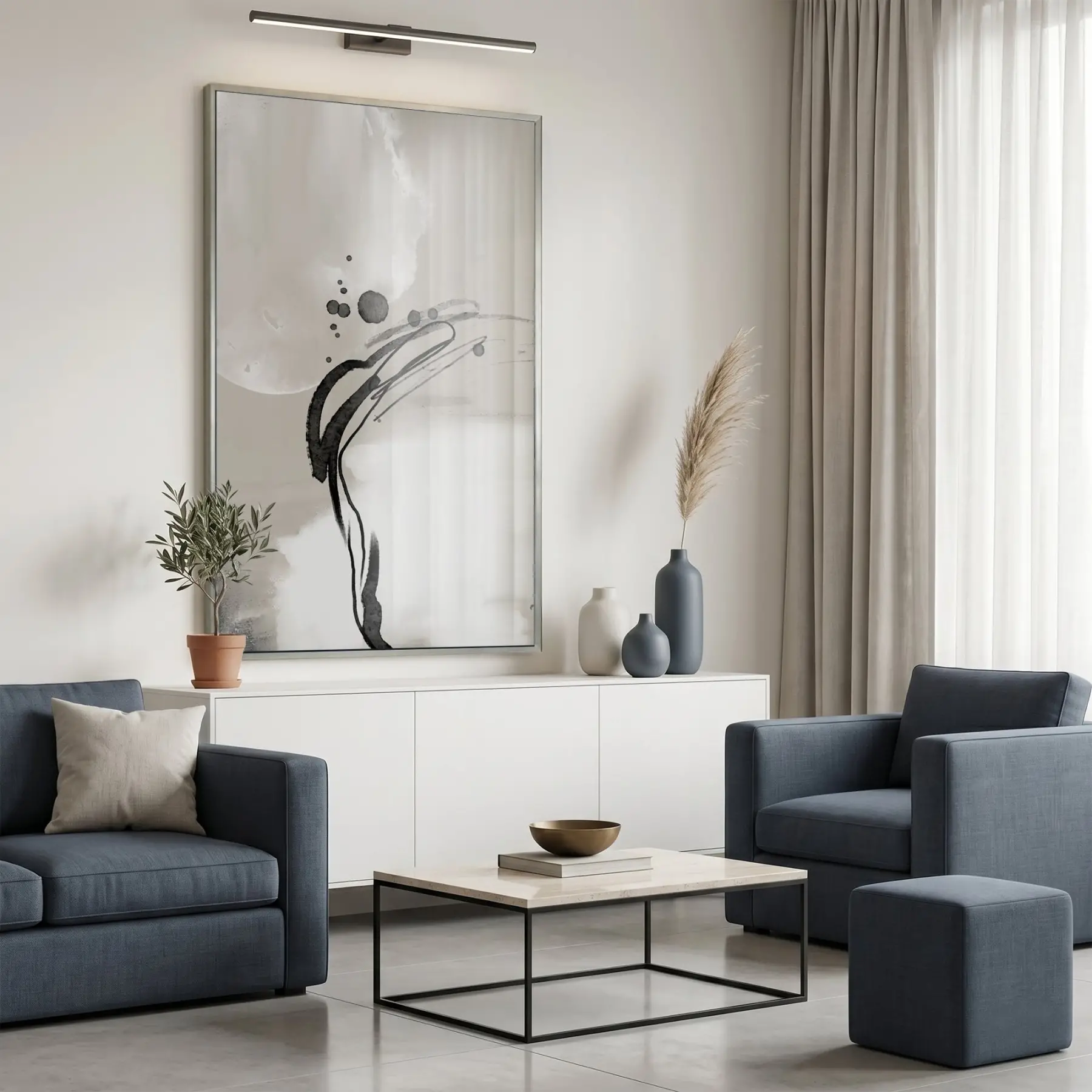 Soyut Akış Açık Bej Tonları Tekli Gümüş Metal Çerçeveli Cam Tablo Duvar Salon