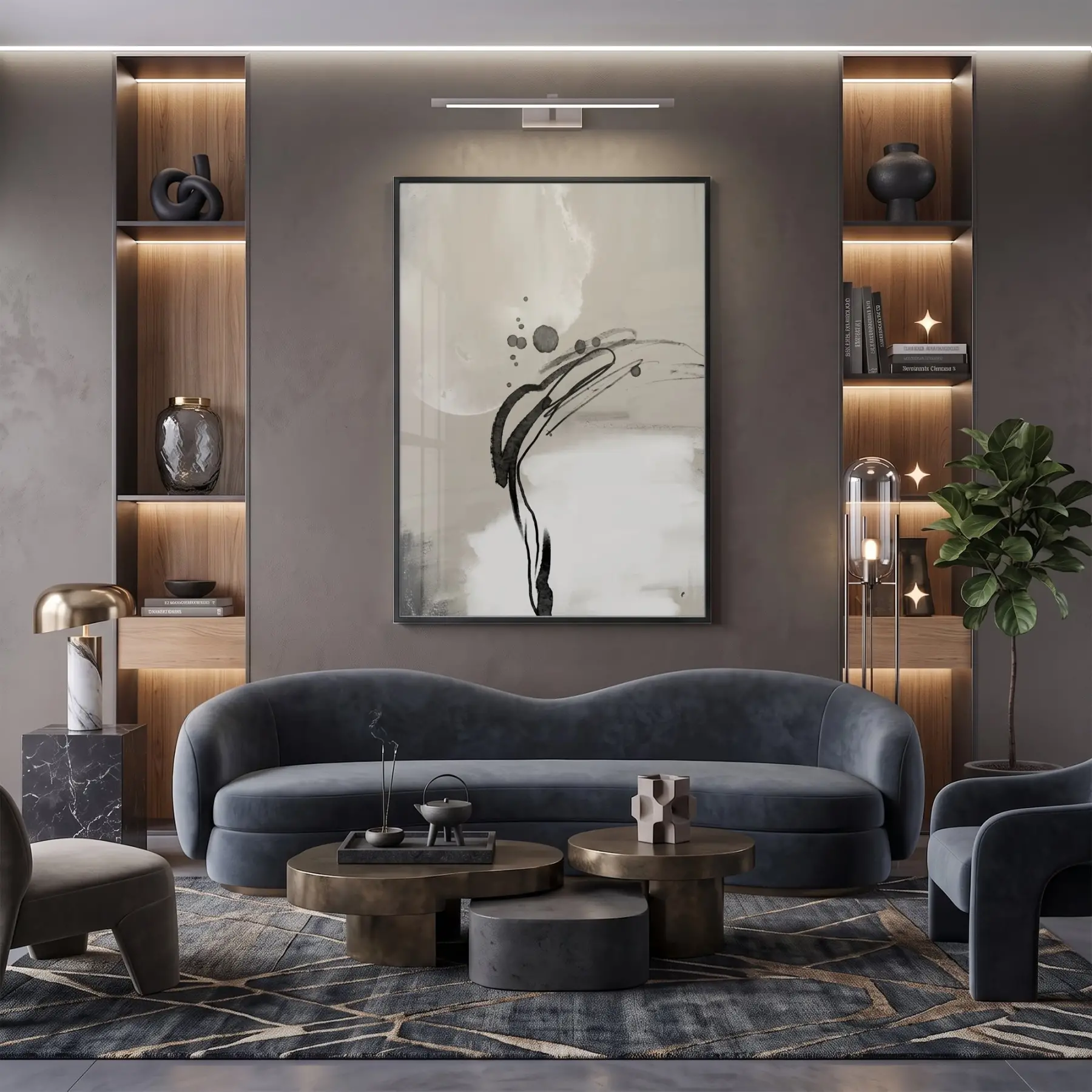 Soyut Akış Açık Bej Tonları Tekli Siyah Metal Çerçeveli Cam Tablo Duvar Salon