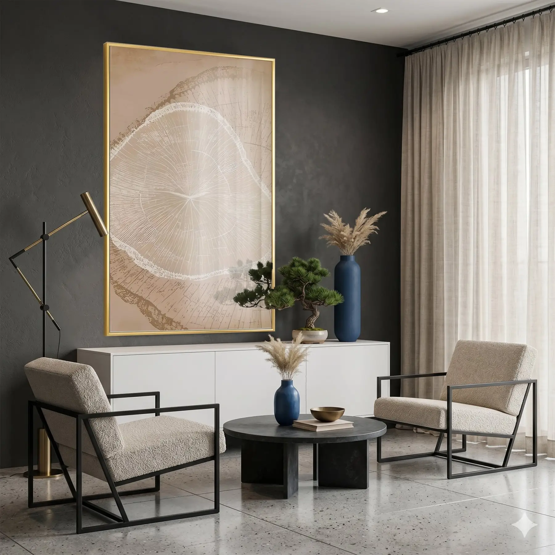 Ağaç Kesiti Sıcak Bej Tonları Tekli Gold Metal Çerçeveli Cam Tablo Salon Oturma