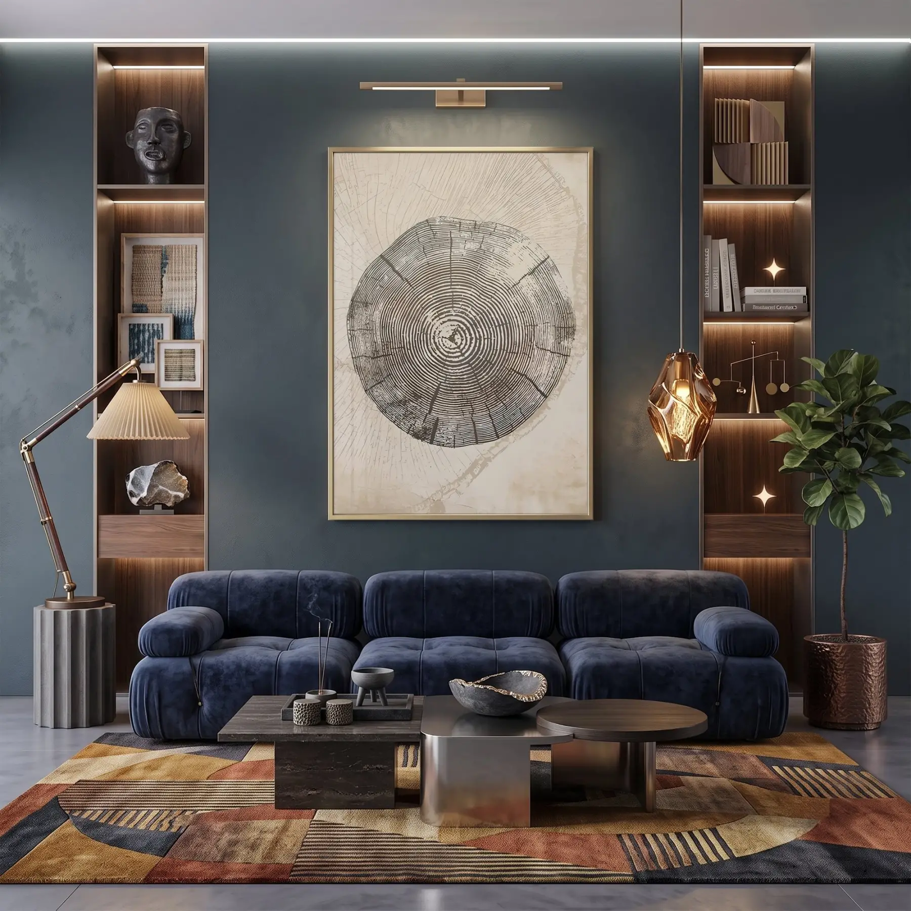 Ağaç Halkası Doğal Bej Tonlar Tekli Gold Metal Çerçeveli Cam Tablo Poster Dekoratif