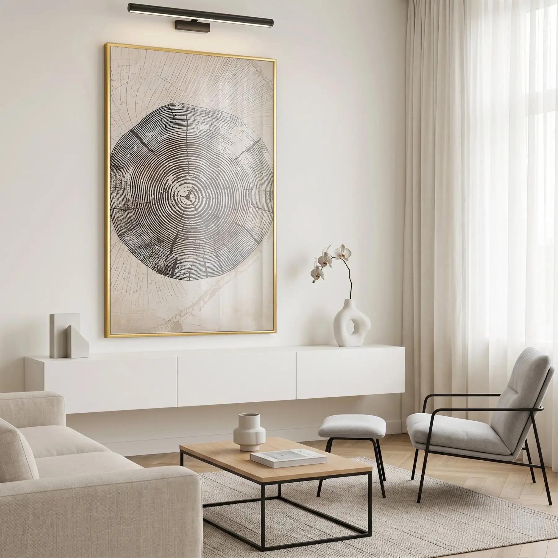 Ağaç Halkası Doğal Bej Tonlar Tekli Gold Metal Çerçeveli Cam Tablo Poster Dekoratif