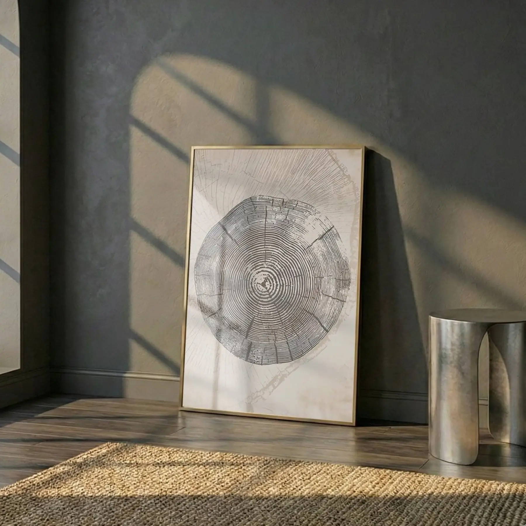 Ağaç Halkası Doğal Bej Tonlar Tekli Gold Metal Çerçeveli Cam Tablo Poster Dekoratif