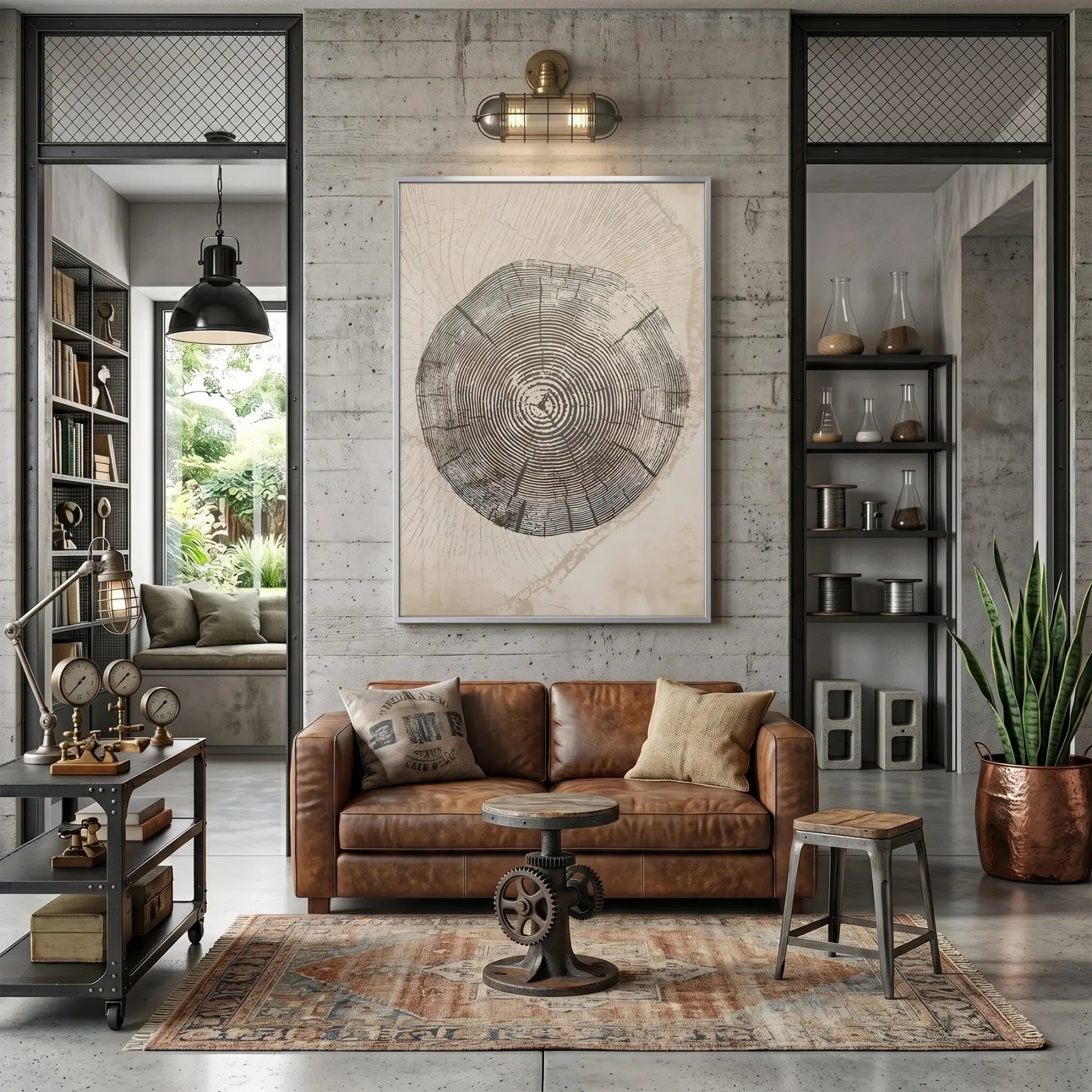 Ağaç Halkası Doğal Bej Tonlar Tekli Gümüş Metal Çerçeveli Cam Tablo Salon Oturma