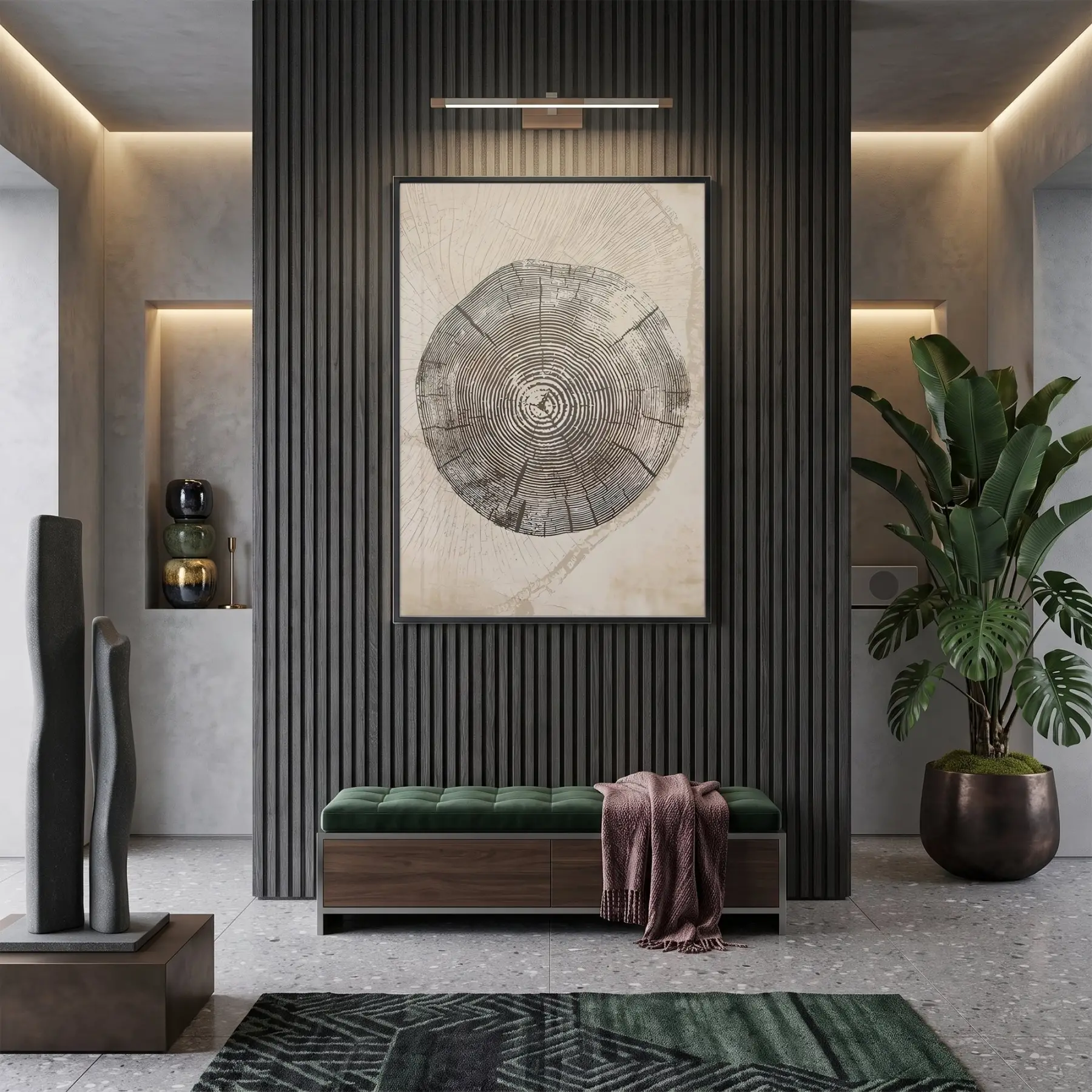 Ağaç Halkası Doğal Bej Tonlar Tekli Siyah Metal Çerçeveli Cam Tablo Duvar Salon