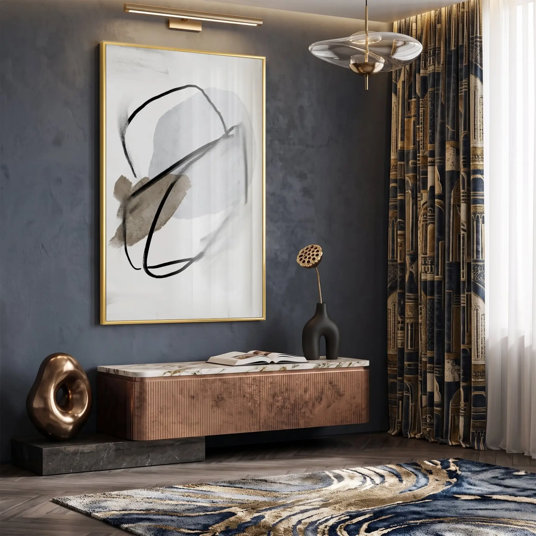 Soyut Çizgiler Siyah Gri Bej Tekli Gold Metal Çerçeveli Cam Tablo Duvar Salon