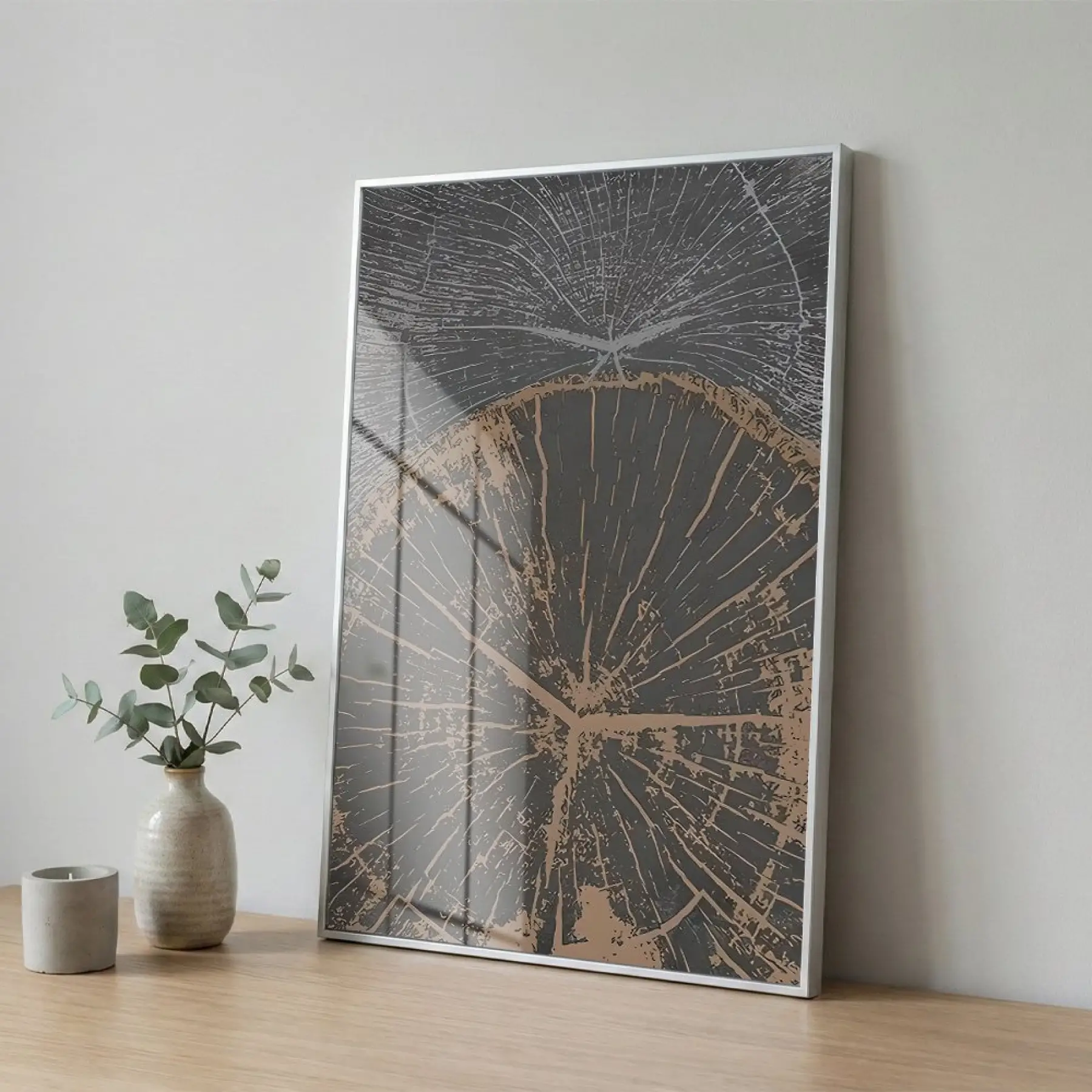 Ağaç Kesiti Doğal Gri Kahve Tekli Gümüş Metal Çerçeveli Cam Tablo Poster Dekoratif