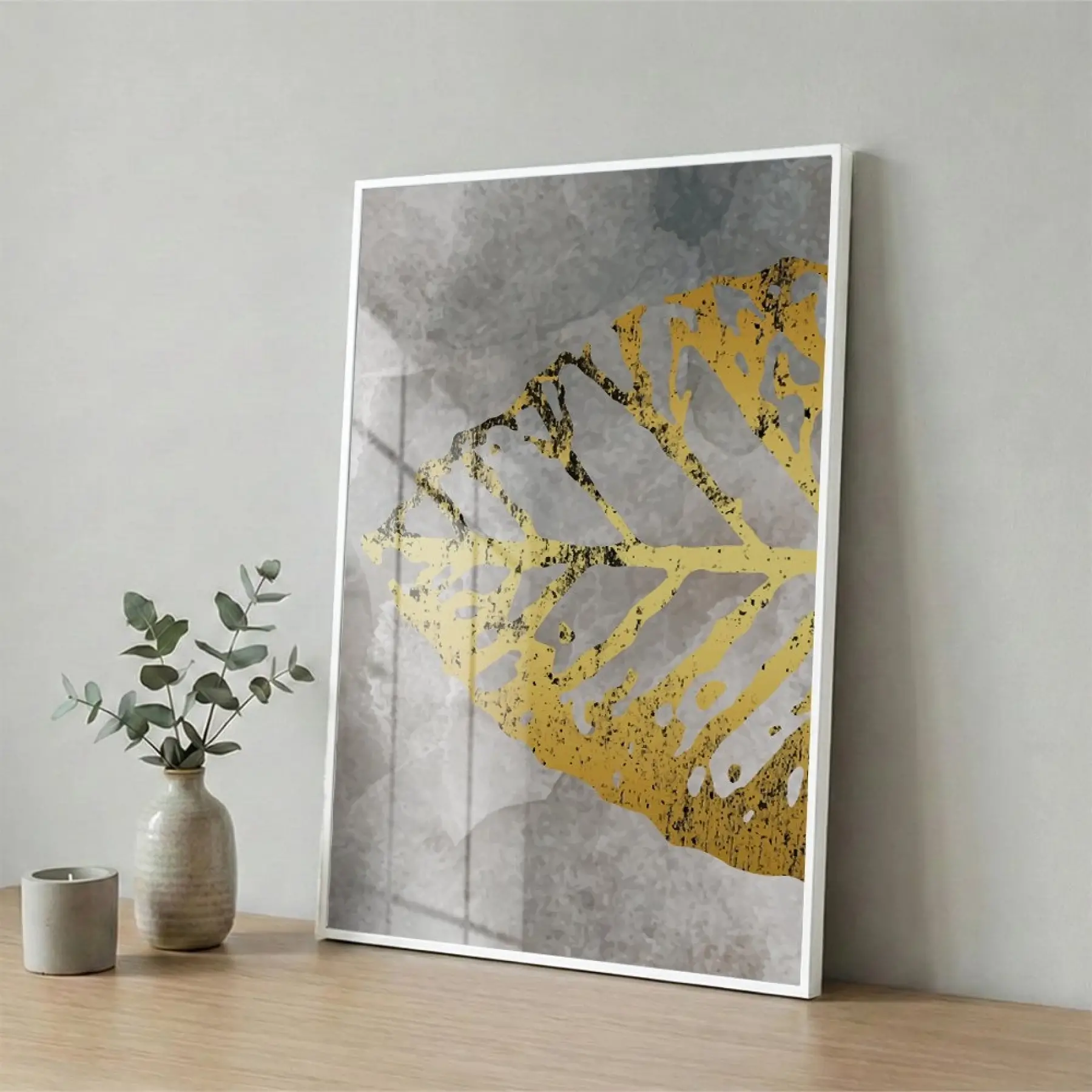 Soyut Yaprak Gri Altın Tonları Tekli Beyaz Metal Çerçeveli Cam Tablo Poster Dekoratif