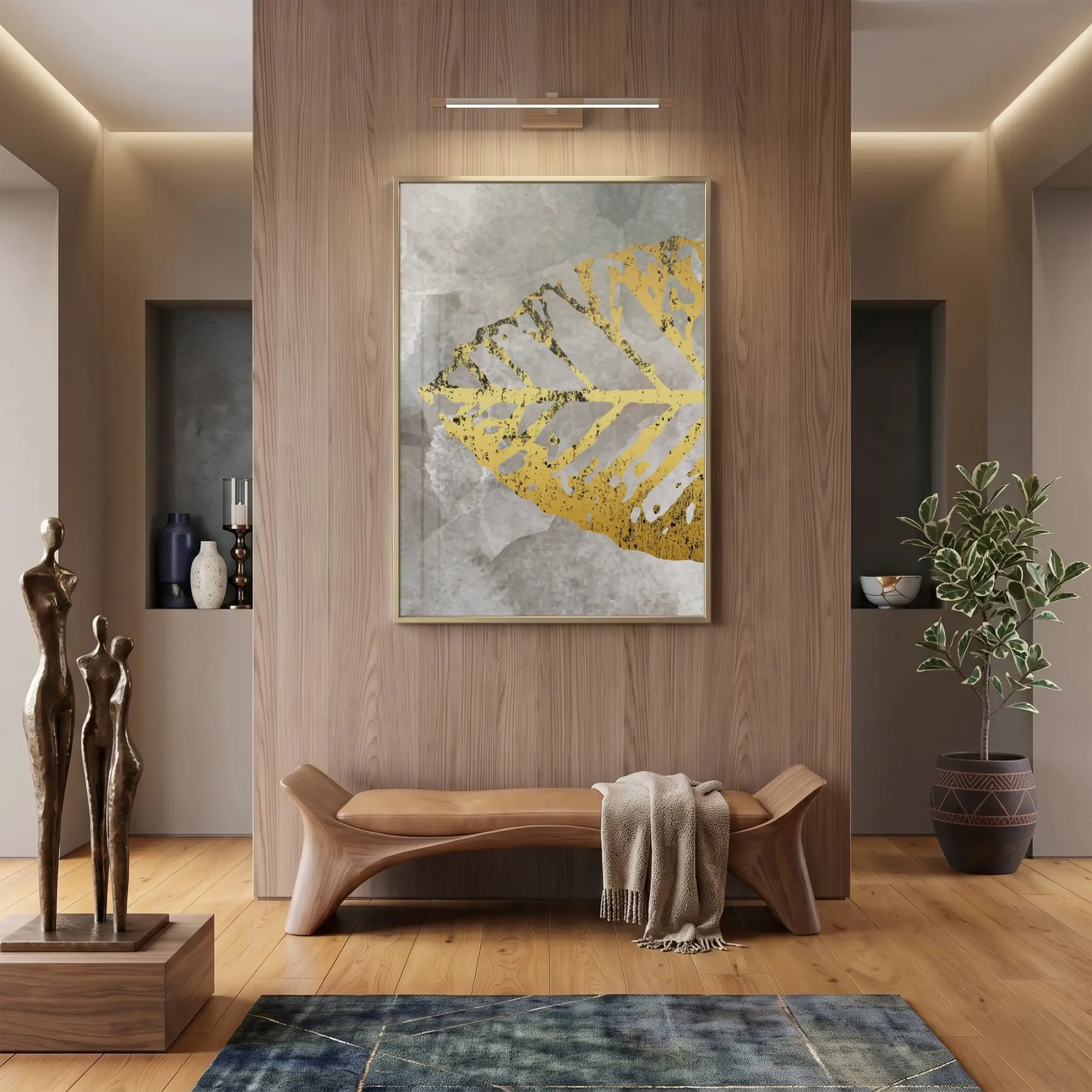 Soyut Yaprak Gri Altın Tonları Tekli Gold Metal Çerçeveli Cam Tablo Duvar Salon