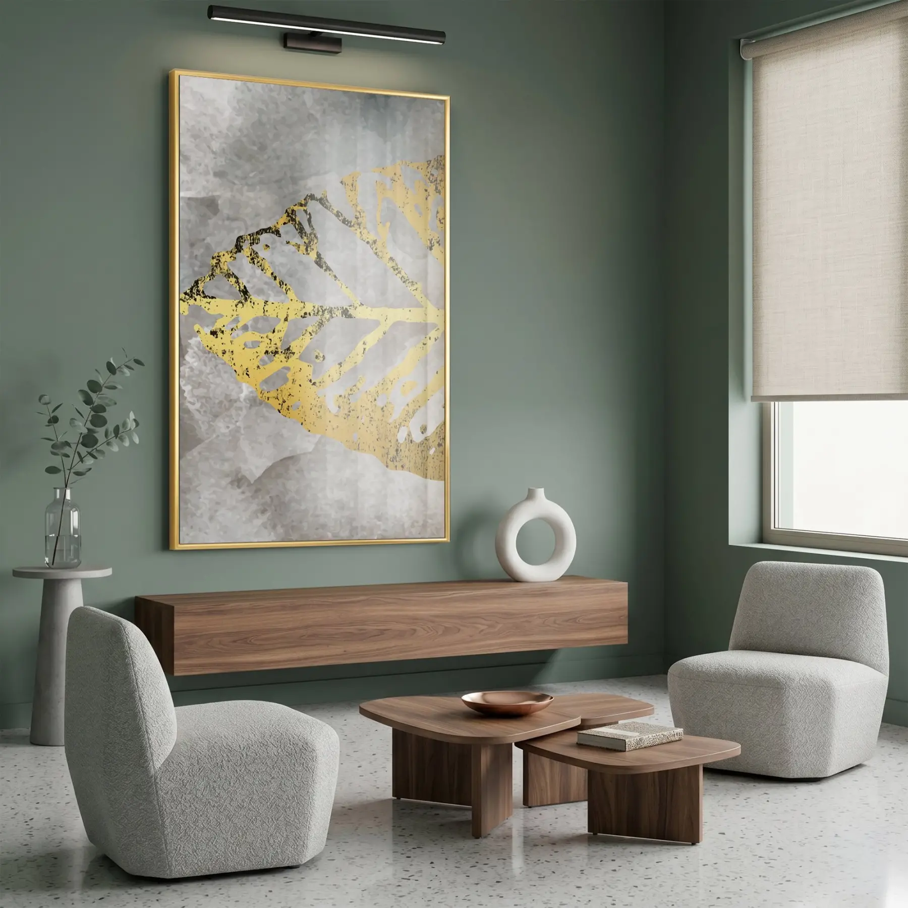 Soyut Yaprak Gri Altın Tonları Tekli Gold Metal Çerçeveli Cam Tablo Duvar Salon