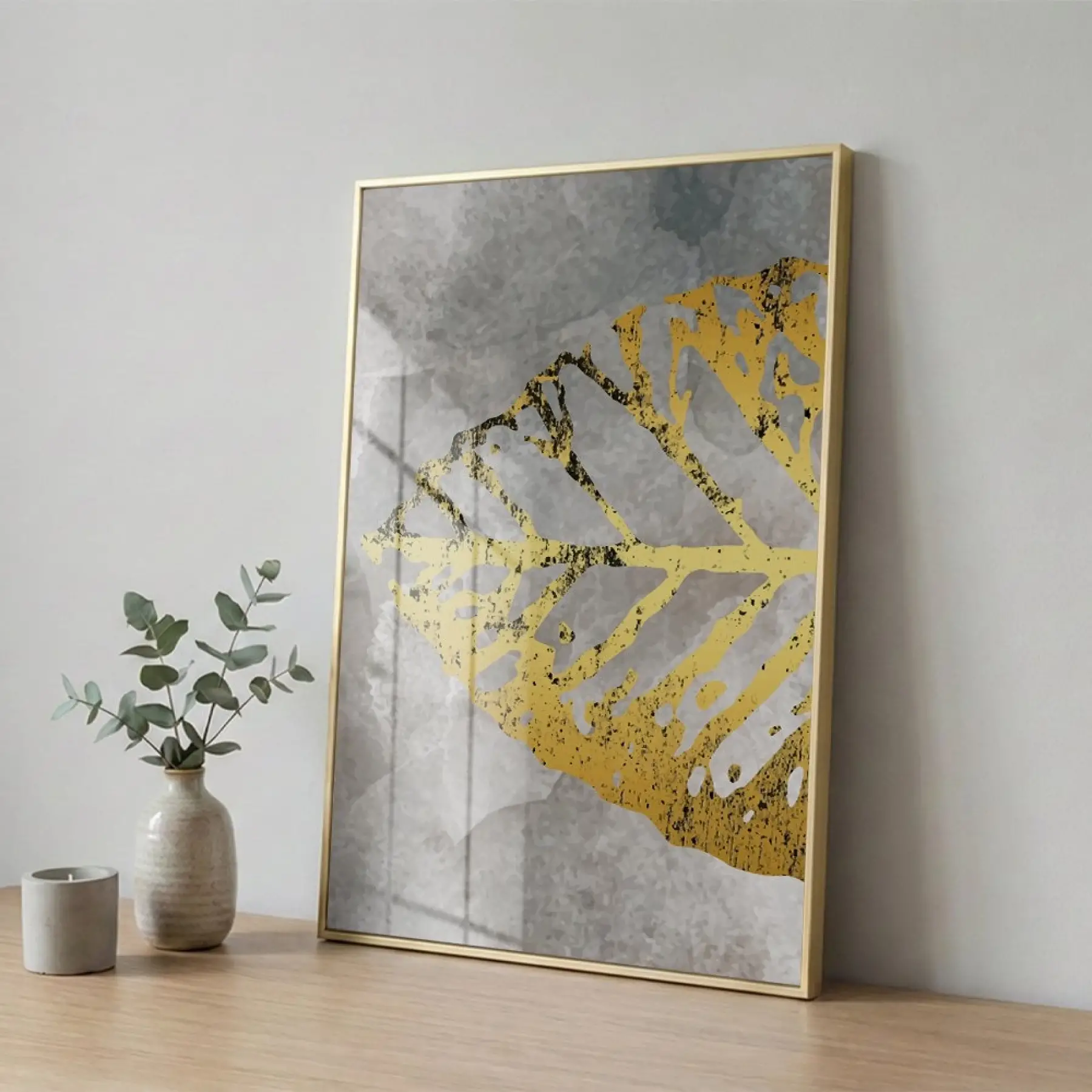 Soyut Yaprak Gri Altın Tonları Tekli Gold Metal Çerçeveli Cam Tablo Duvar Salon