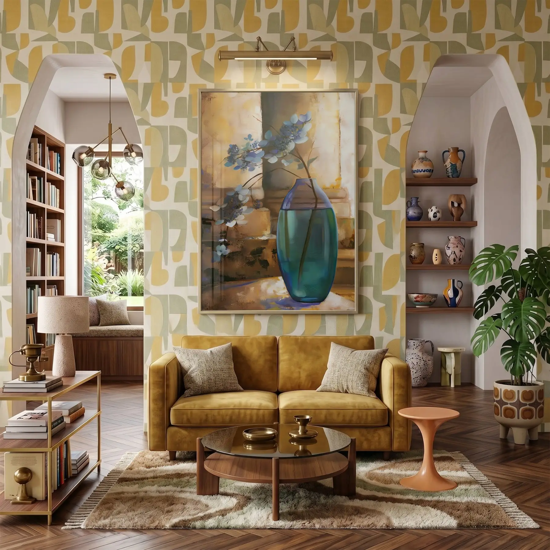 Çiçek Vazo Sıcak Bej Mavi Tekli Gold Metal Çerçeveli Cam Tablo Salon Oturma