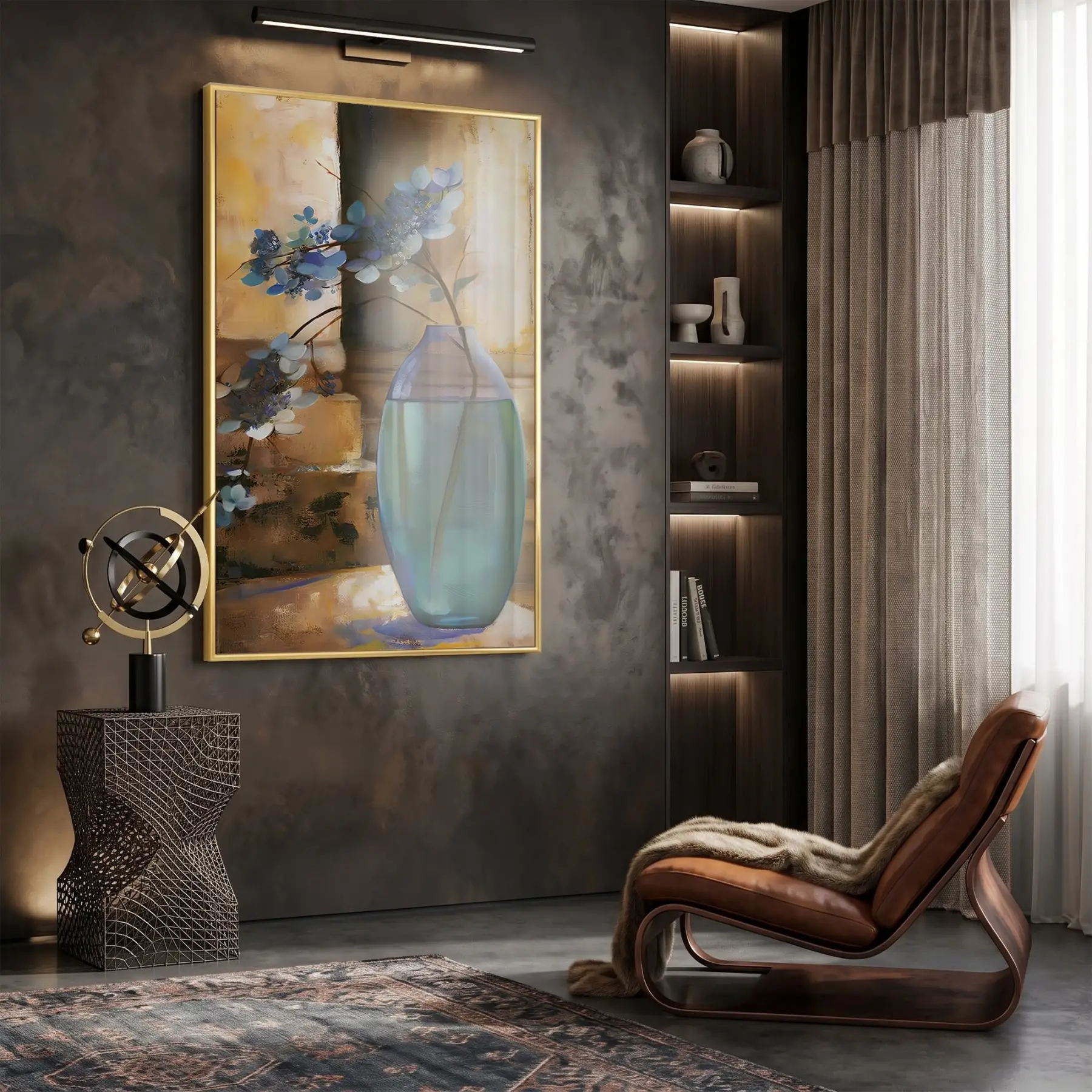 Çiçek Vazo Sıcak Bej Mavi Tekli Gold Metal Çerçeveli Cam Tablo Salon Oturma