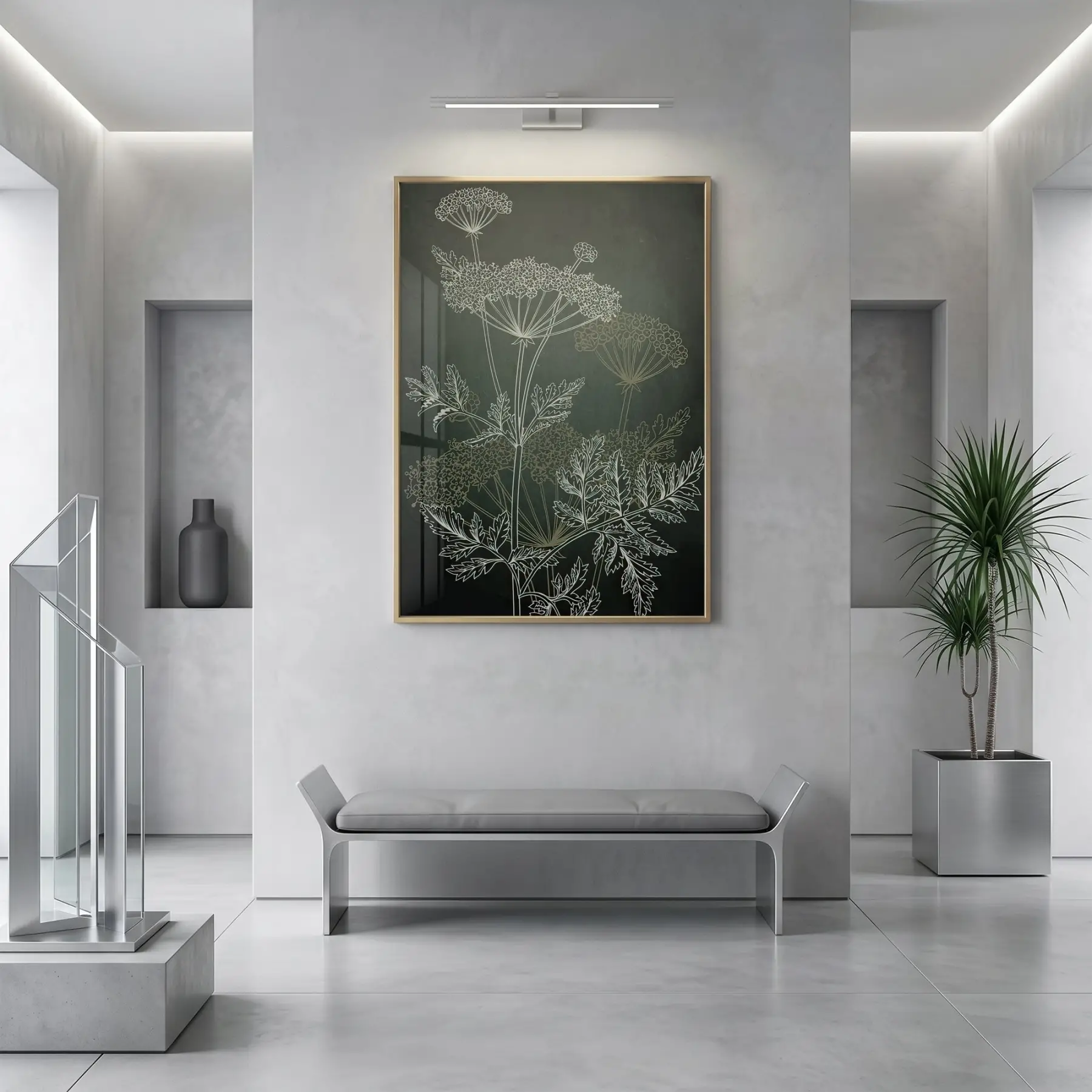 Bitkisel Çizim Derin Yeşil Tonlar Tekli Gold Metal Çerçeveli Cam Tablo Salon Oturma