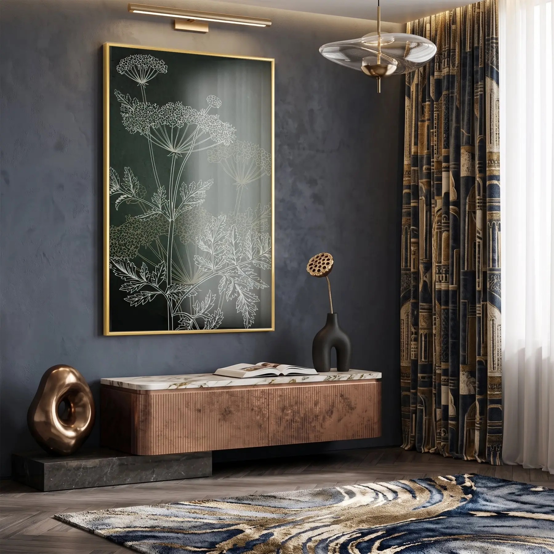 Bitkisel Çizim Derin Yeşil Tonlar Tekli Gold Metal Çerçeveli Cam Tablo Salon Oturma