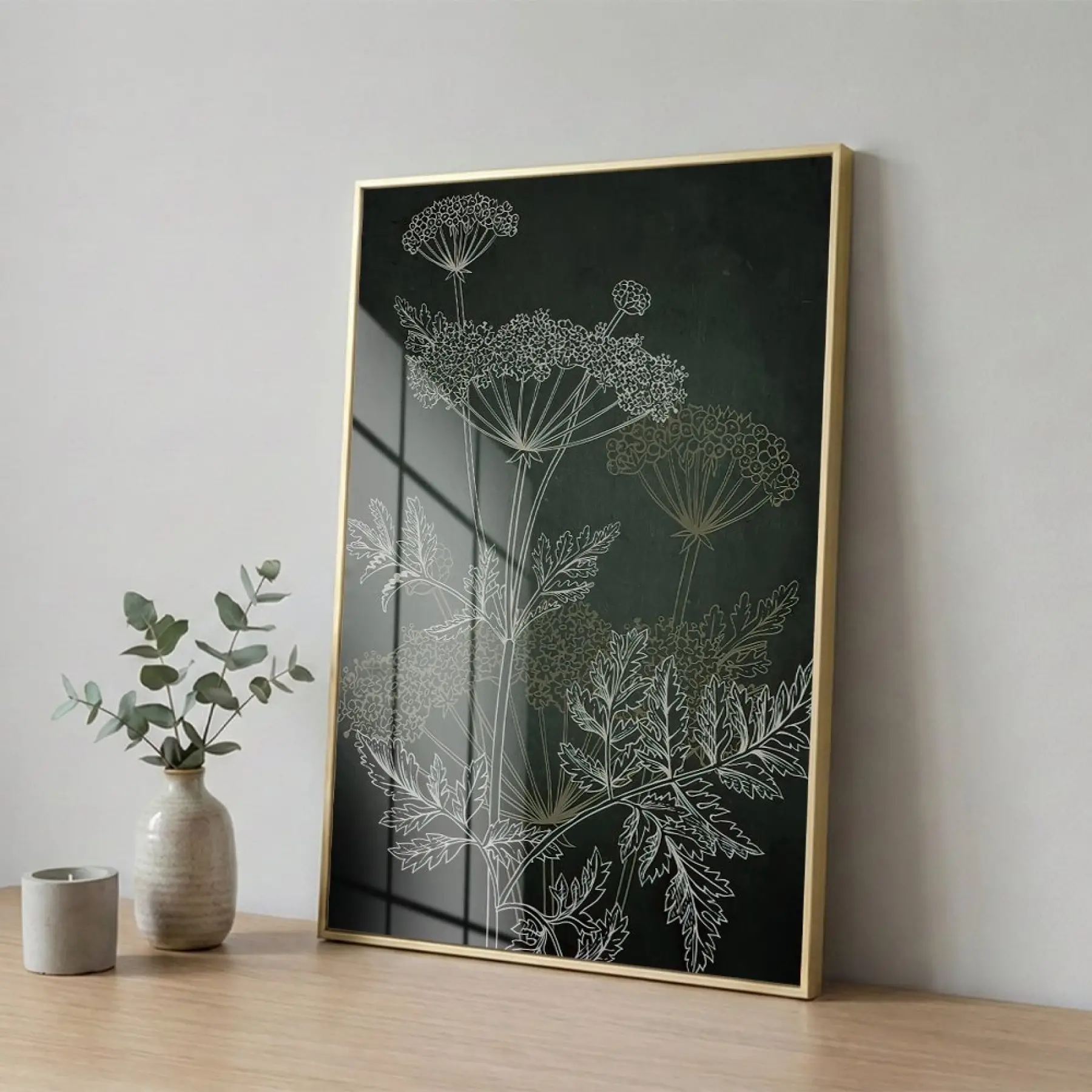 Bitkisel Çizim Derin Yeşil Tonlar Tekli Gold Metal Çerçeveli Cam Tablo Salon Oturma