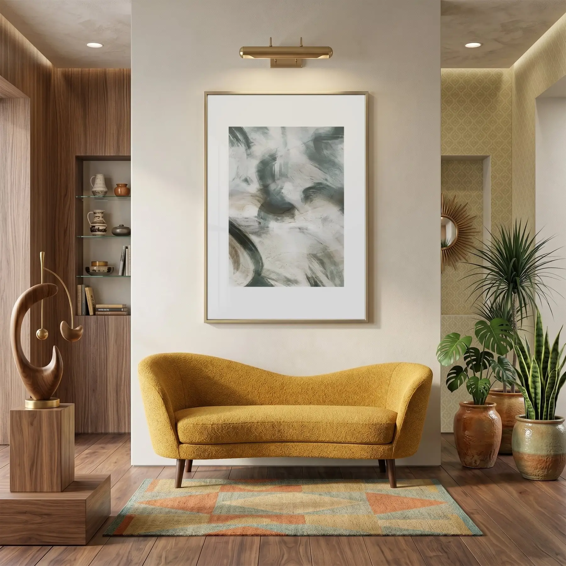 Soyut Akış Doğal Yeşil Tonlar Tekli Gold Metal Çerçeveli Cam Tablo Duvar Salon