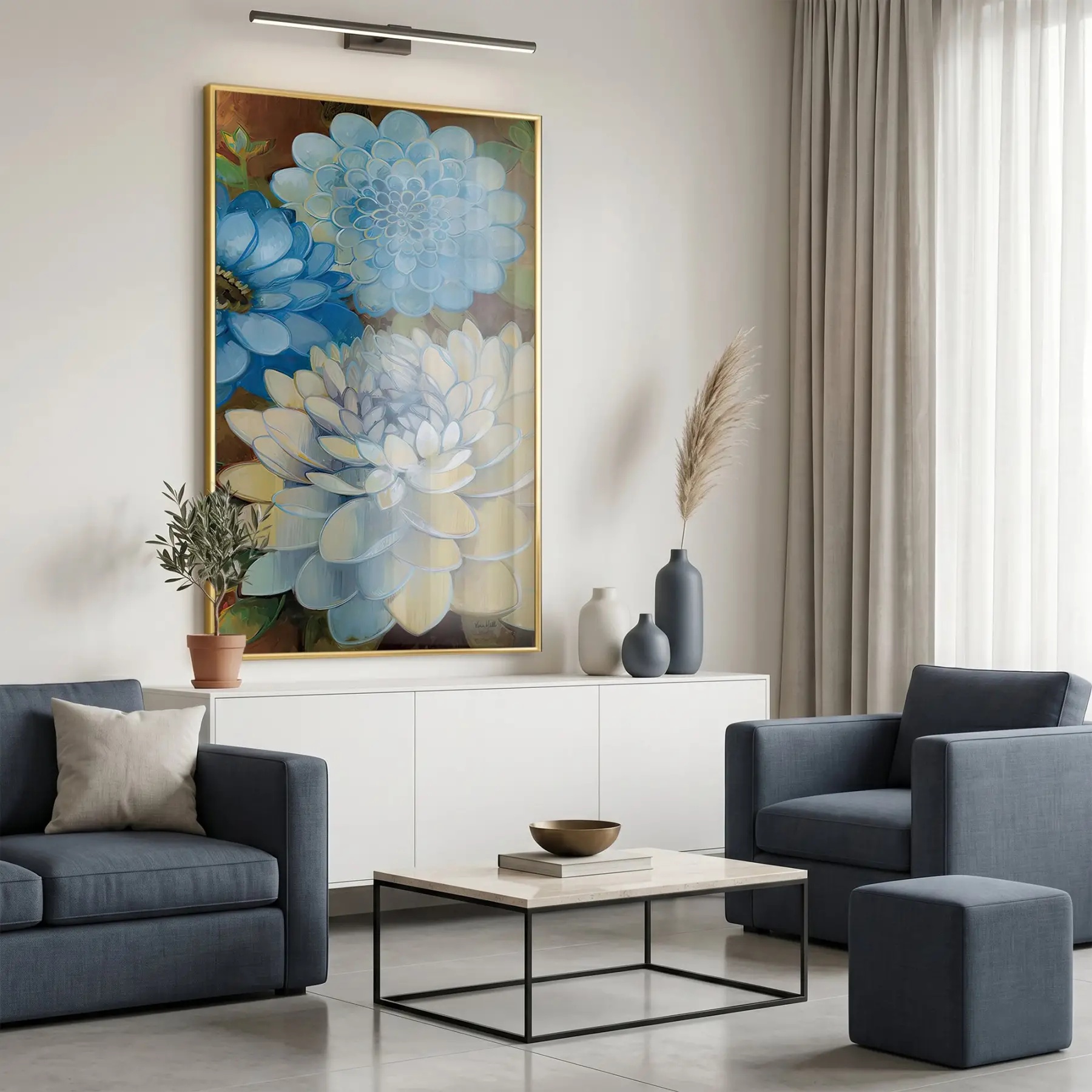Dahlia Çiçekler Mavi Sarı Tonları Tekli Gold Metal Çerçeveli Cam Tablo Duvar Salon