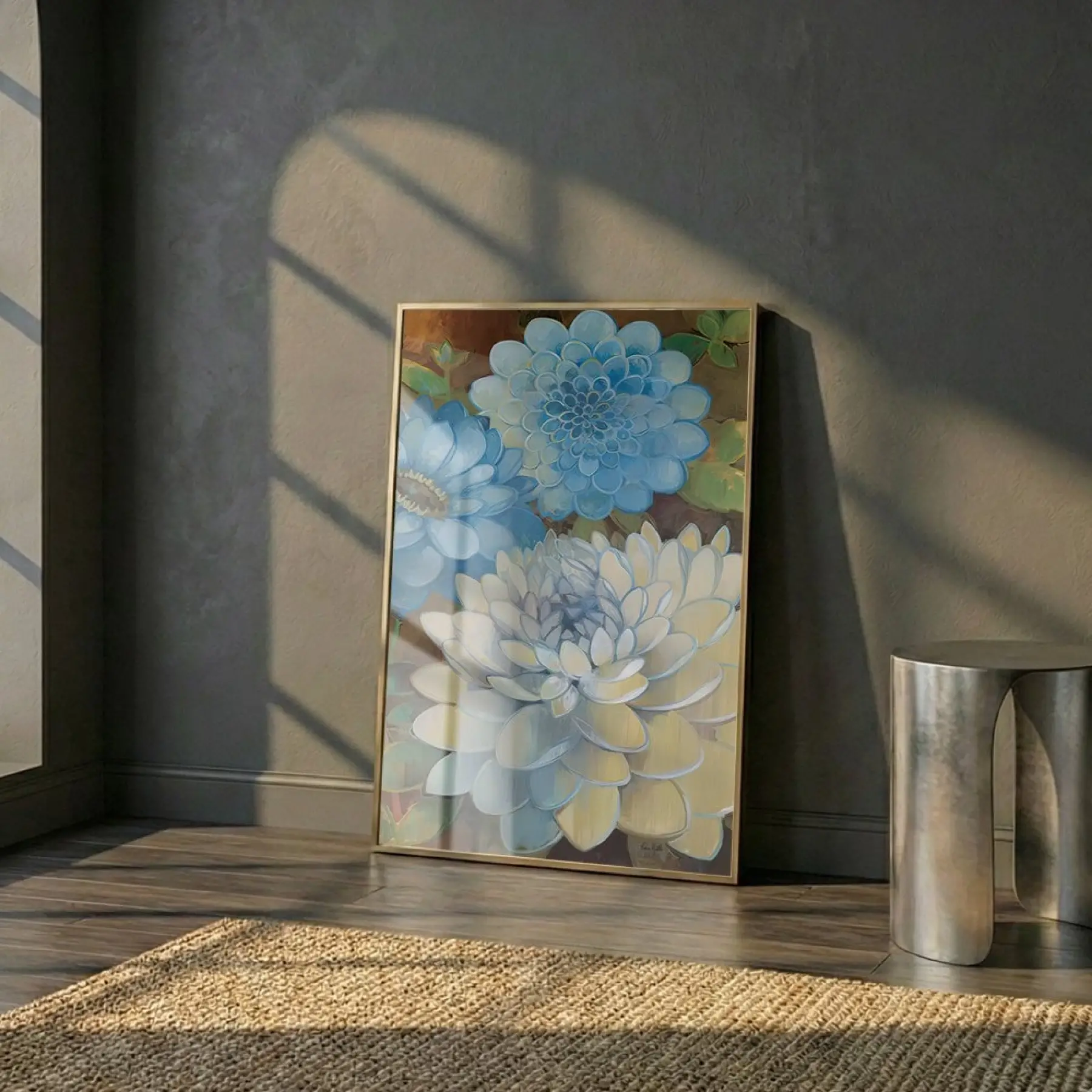 Dahlia Çiçekler Mavi Sarı Tonları Tekli Gold Metal Çerçeveli Cam Tablo Duvar Salon