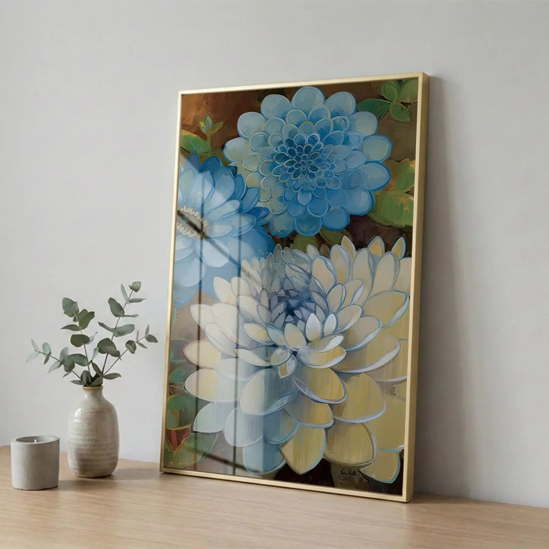 Dahlia Çiçekler Mavi Sarı Tonları Tekli Gold Metal Çerçeveli Cam Tablo Duvar Salon