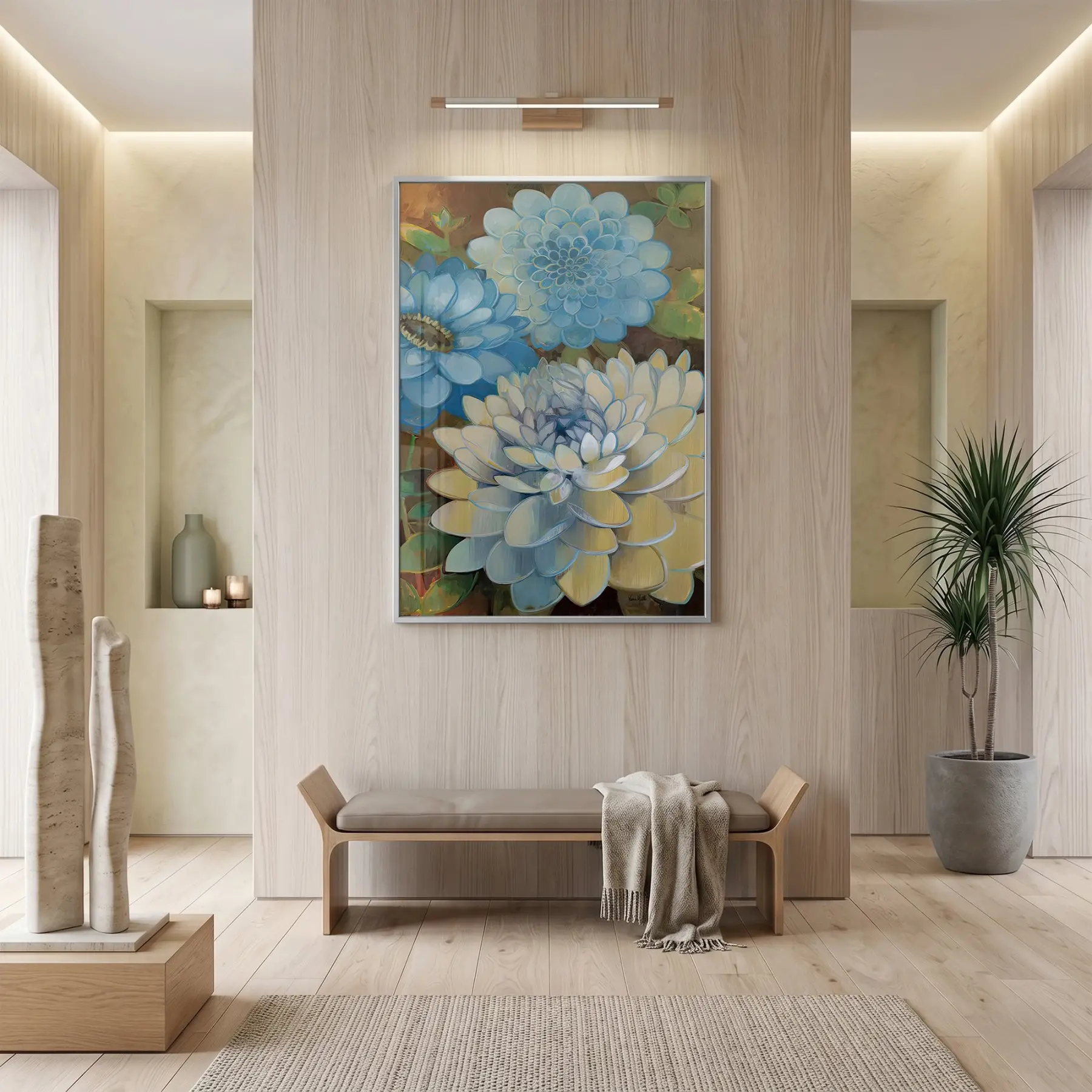 Dahlia Çiçekler Mavi Sarı Tonları Tekli Gümüş Metal Çerçeveli Cam Tablo Yatak Odası