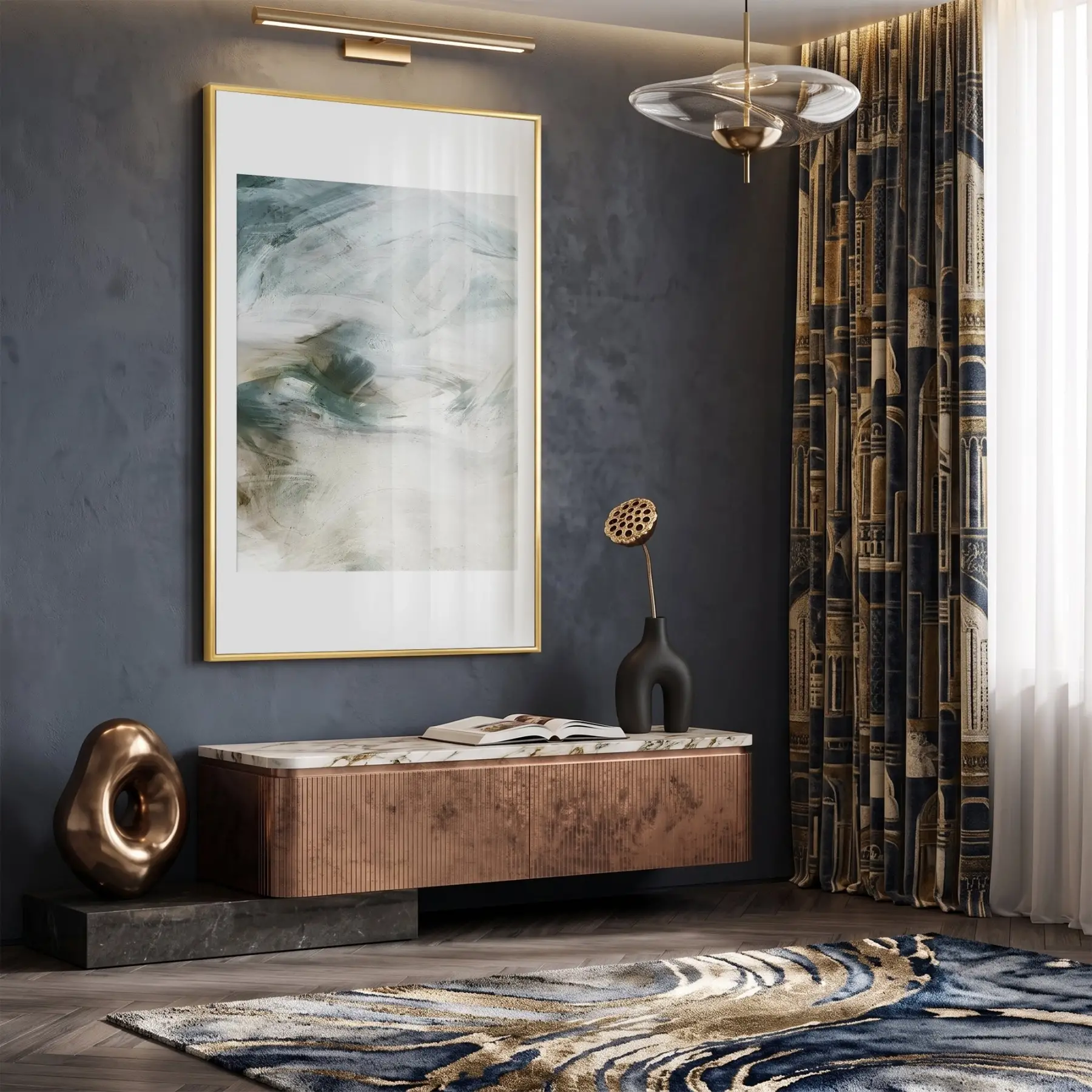 Akıcı Soyut Doğal Tonlar Tekli Gold Metal Çerçeveli Cam Tablo Duvar Salon Aksesuarları
