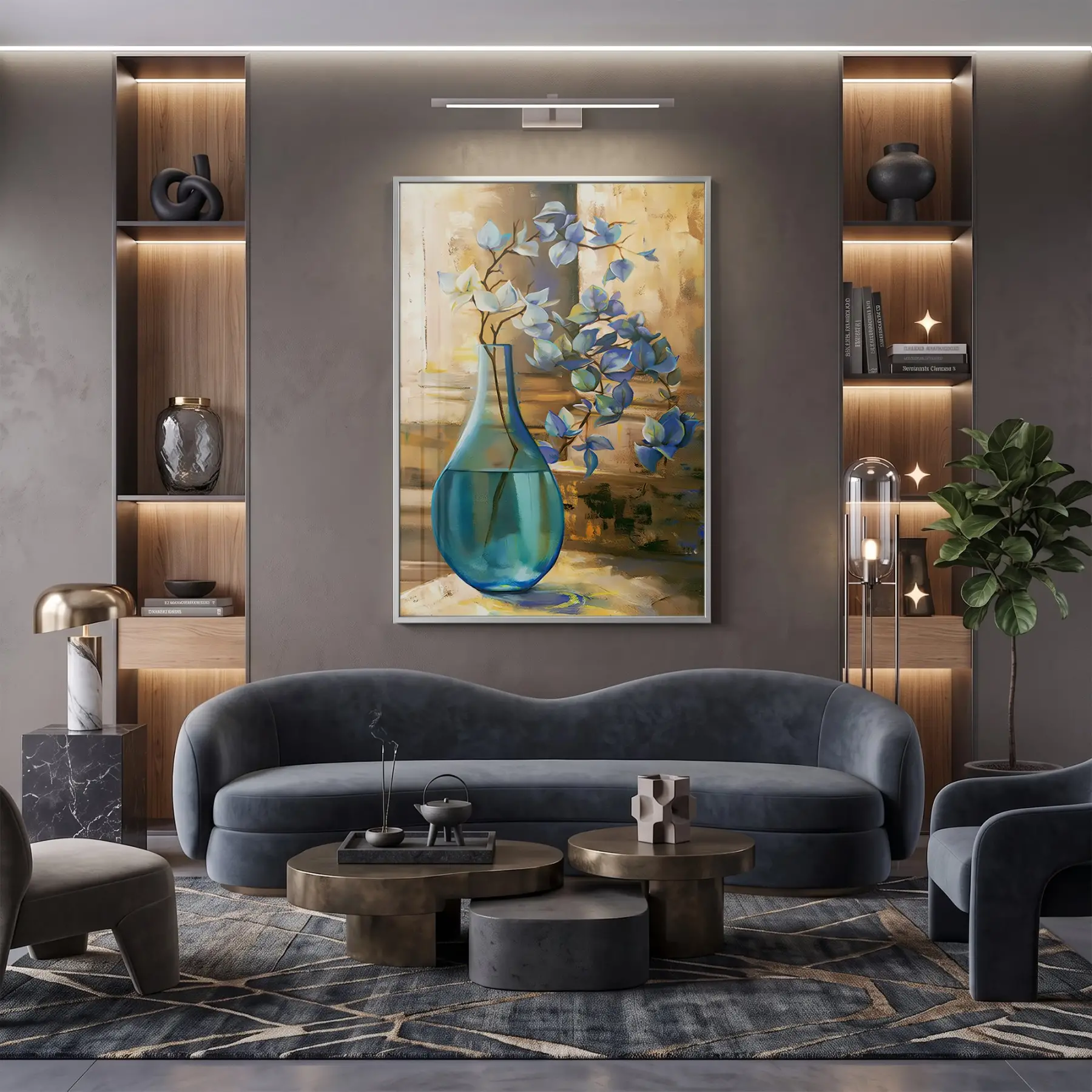 Vazoda Çiçek Mavi Bej Tonlar Tekli Gümüş Metal Çerçeveli Cam Tablo Salon Oturma