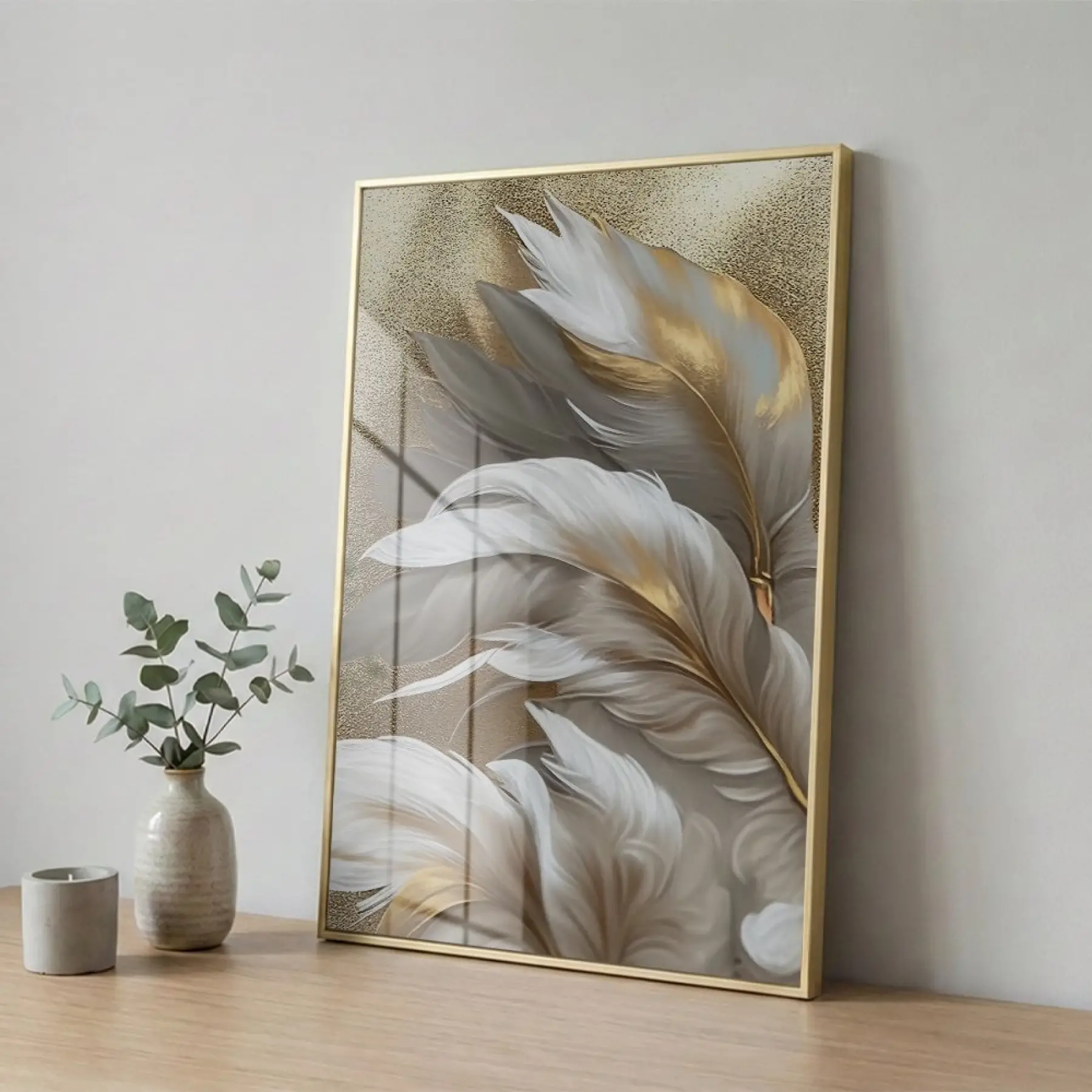 Lüks Tüy Altın Bej Tonlar Tekli Gold Metal Çerçeveli Cam Tablo Yatak Odası