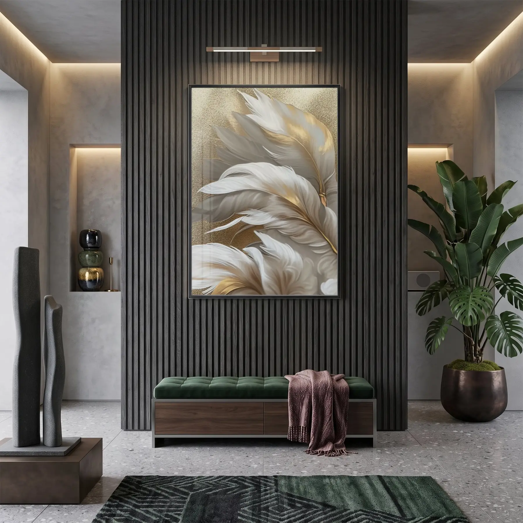 Lüks Tüy Altın Bej Tonlar Tekli Siyah Metal Çerçeveli Cam Tablo Salon Oturma