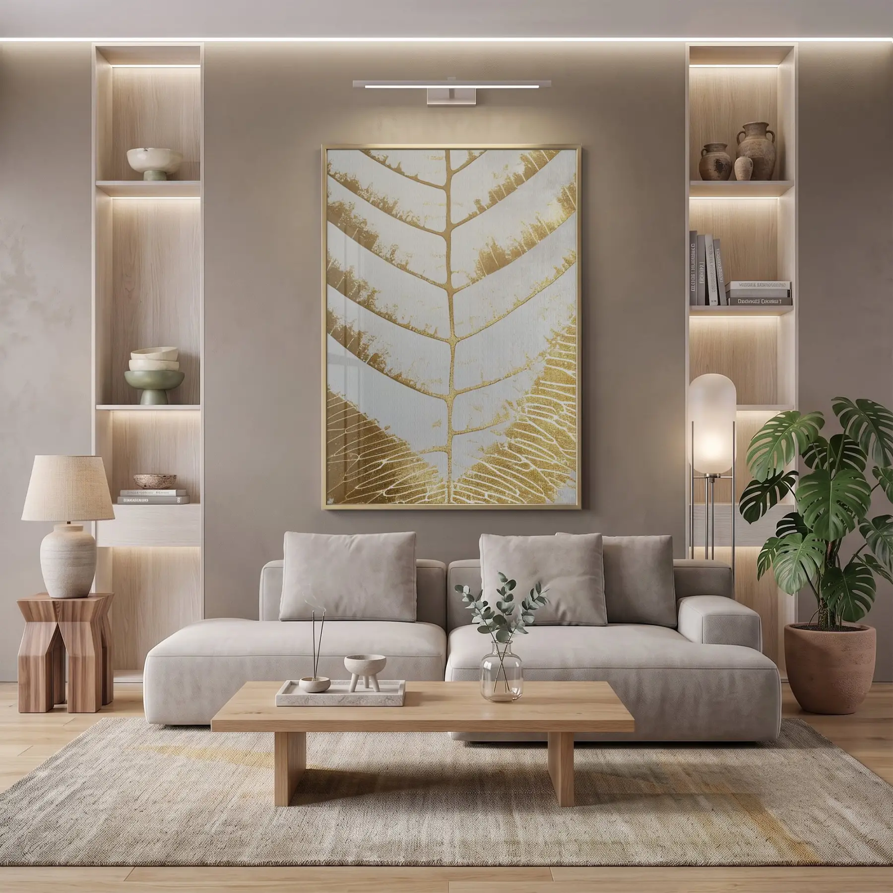Soyut Yaprak Altın Bej Tekli Gold Metal Çerçeveli Cam Tablo Duvar Salon Aksesuarları
