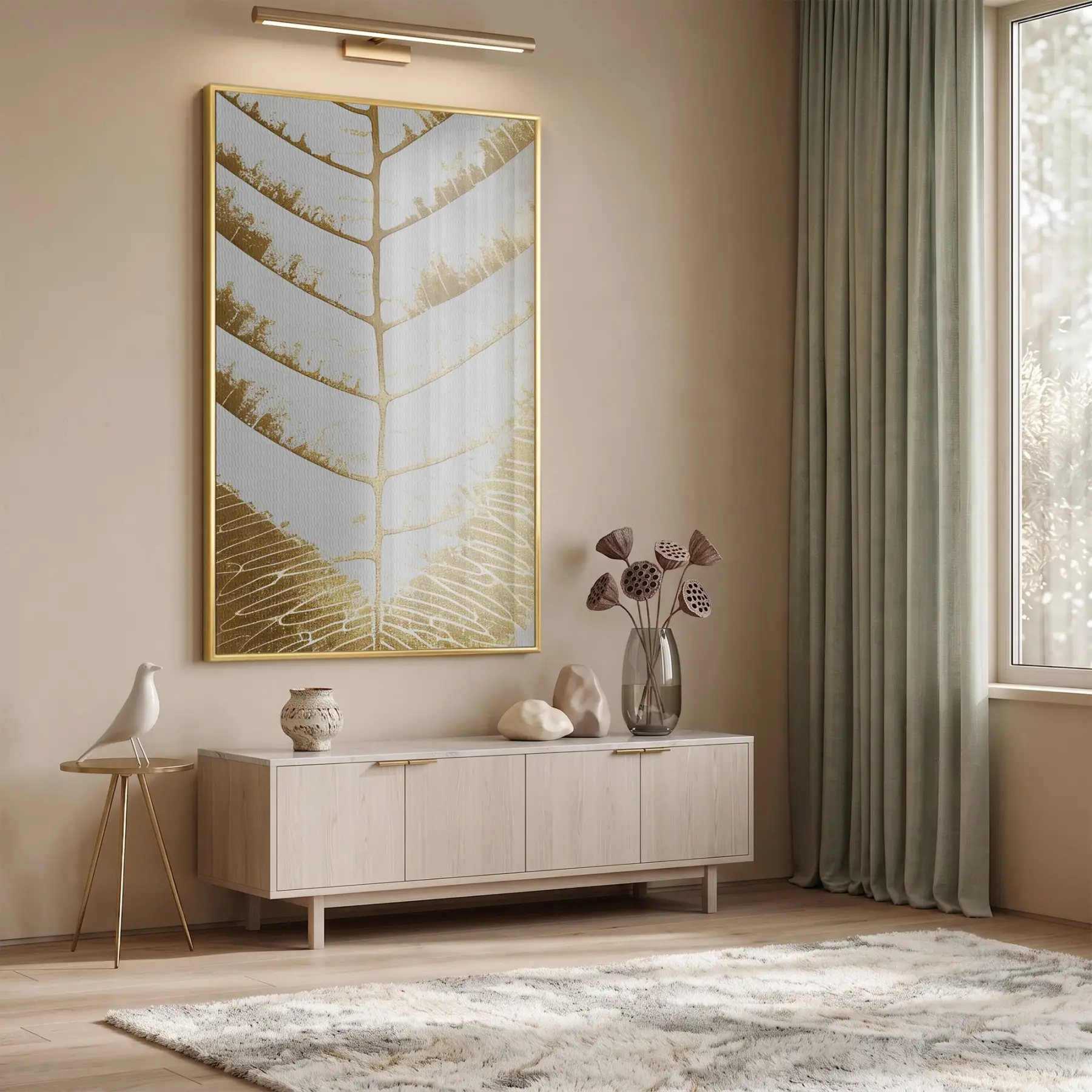 Soyut Yaprak Altın Bej Tekli Gold Metal Çerçeveli Cam Tablo Duvar Salon Aksesuarları