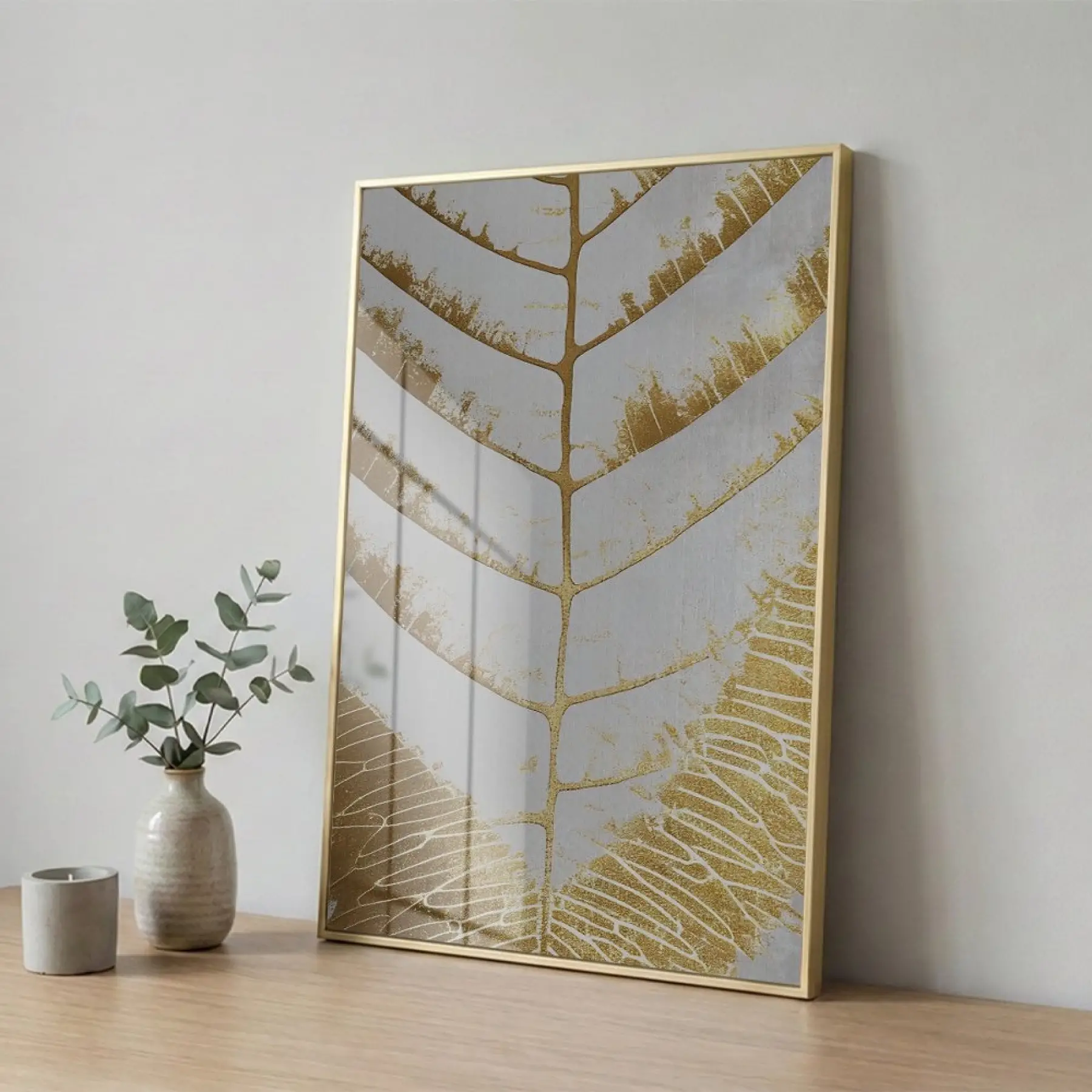 Soyut Yaprak Altın Bej Tekli Gold Metal Çerçeveli Cam Tablo Duvar Salon Aksesuarları