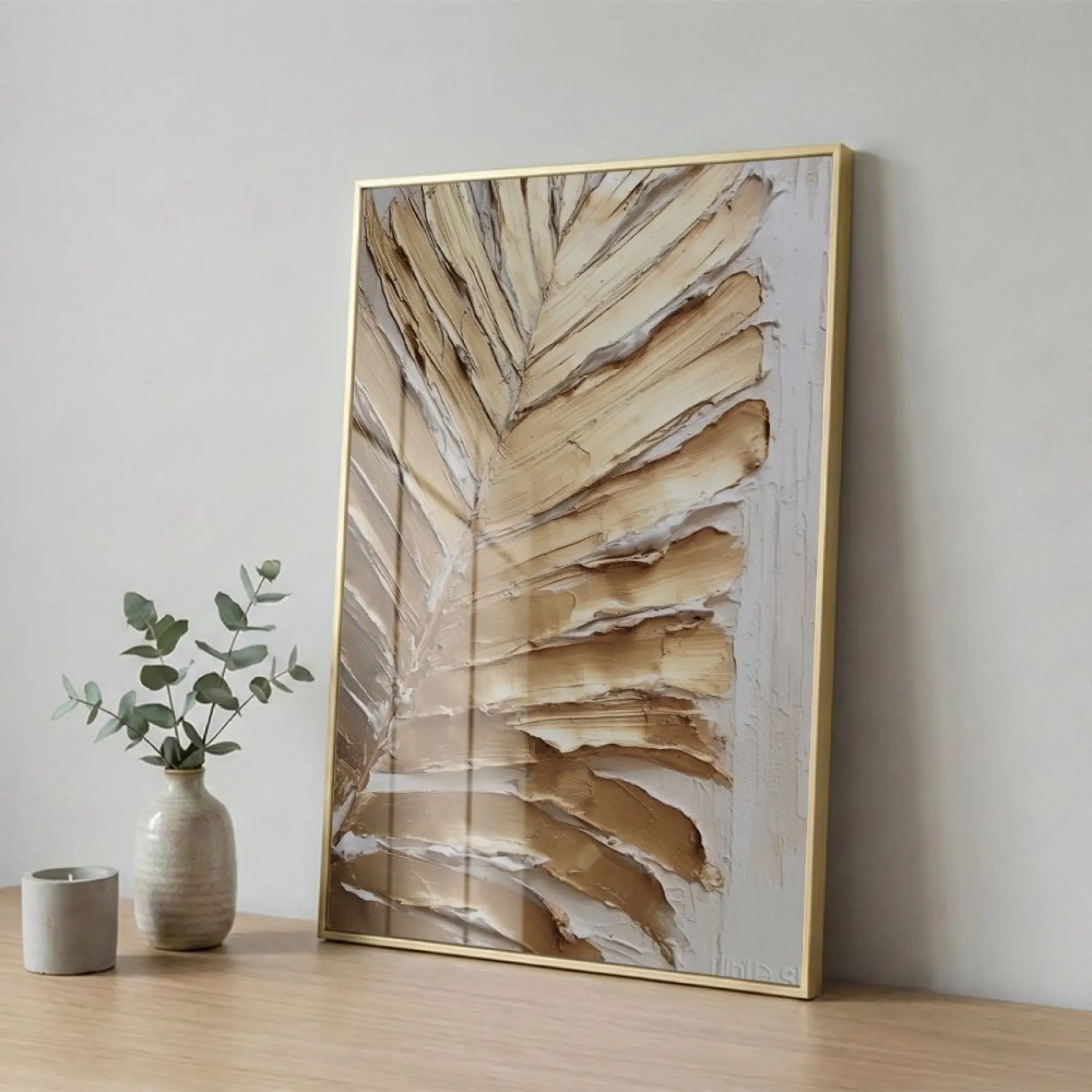 Dokulu Yaprak Sıcak Altın Tekli Gold Metal Çerçeveli Cam Tablo Ev Dekorasyonu Oda