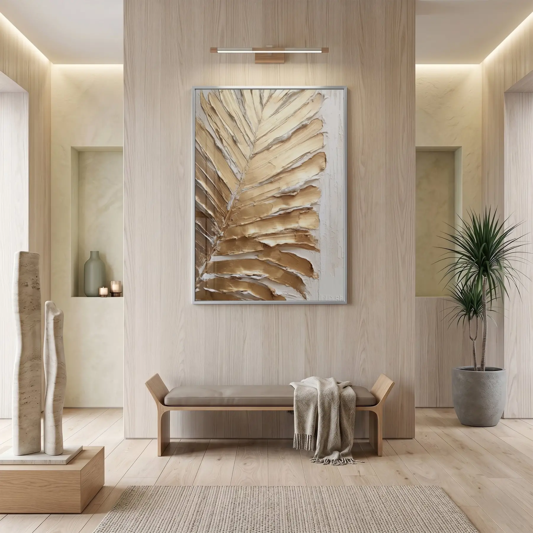 Dokulu Yaprak Sıcak Altın Tekli Gümüş Metal Çerçeveli Cam Tablo Poster Dekoratif Obje
