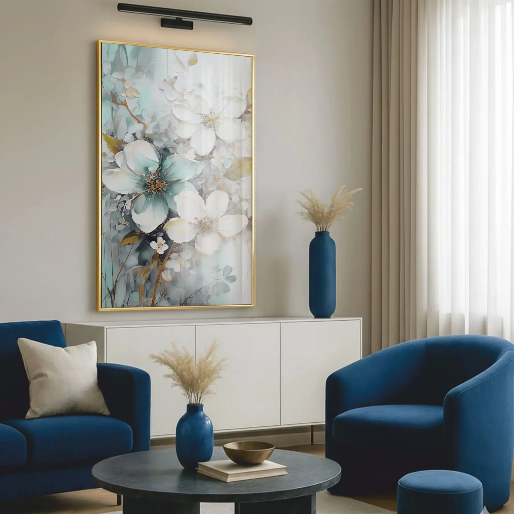 Hassas Çiçekler Su Yeşili Pastel Tekli Gold Metal Çerçeveli Cam Tablo Yatak Odası