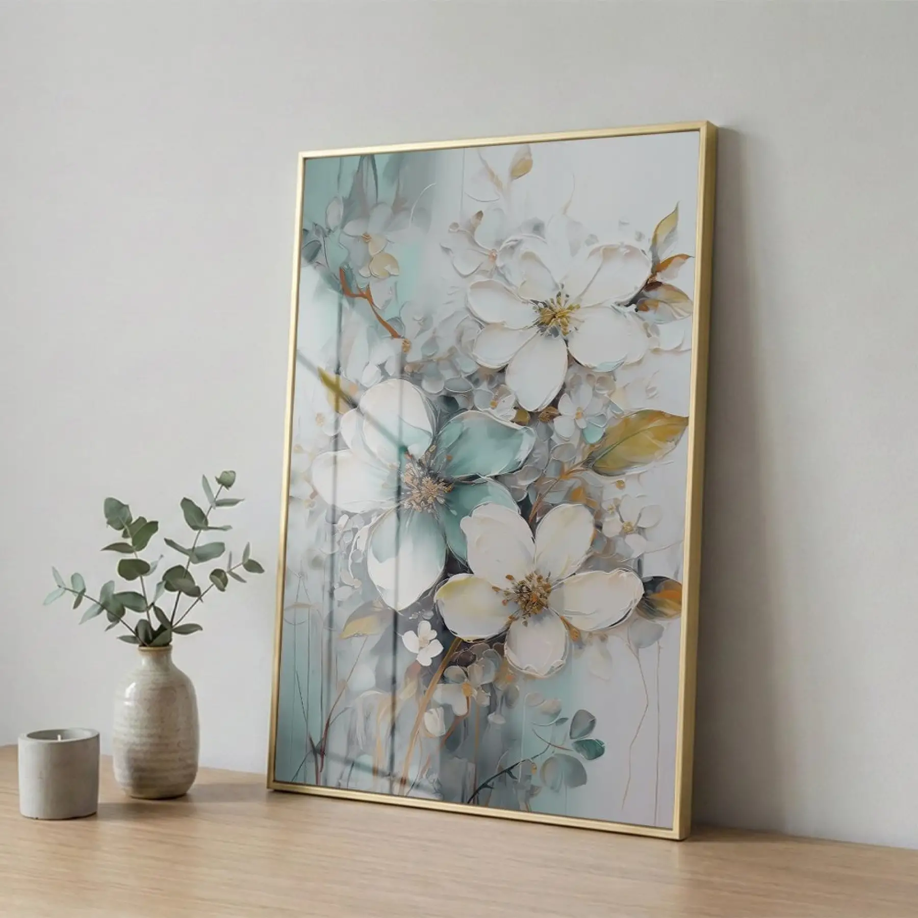 Hassas Çiçekler Su Yeşili Pastel Tekli Gold Metal Çerçeveli Cam Tablo Yatak Odası