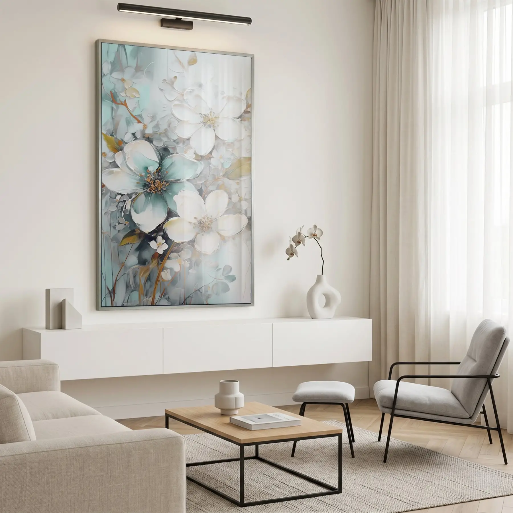 Hassas Çiçekler Su Yeşili Pastel Tekli Gümüş Metal Çerçeveli Cam Tablo Yatak Odası