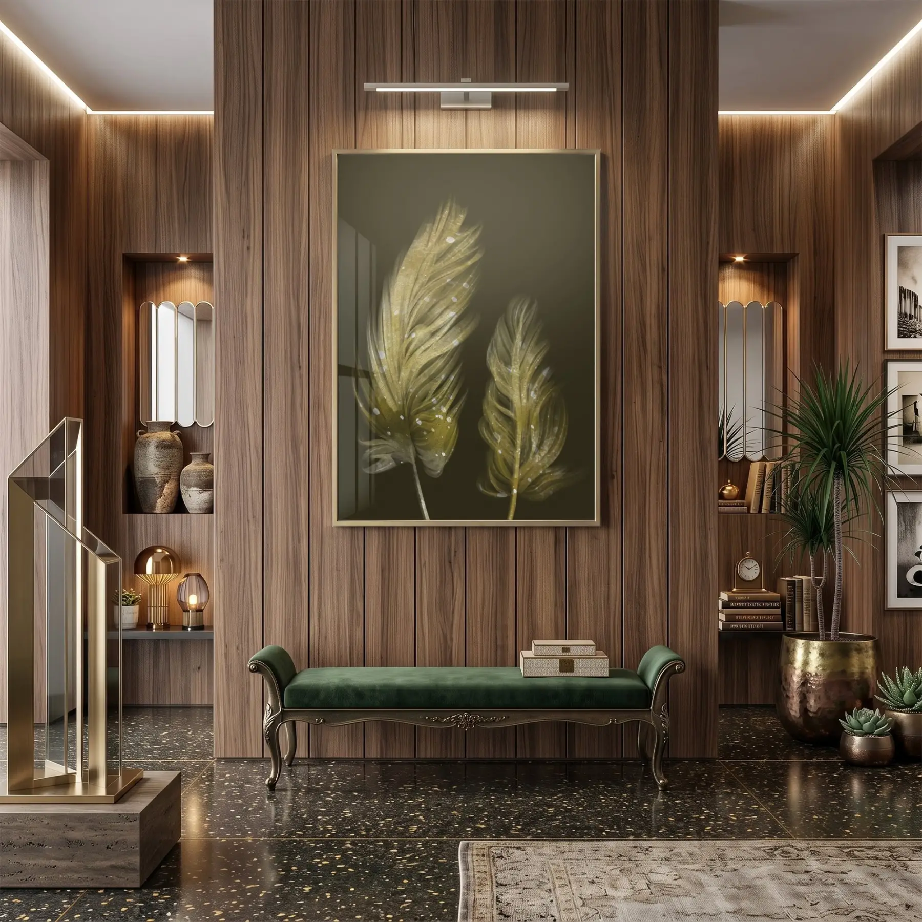 Süzülen Tüyler Koyu Altın Tekli Gold Metal Çerçeveli Cam Tablo Poster Dekoratif Obje