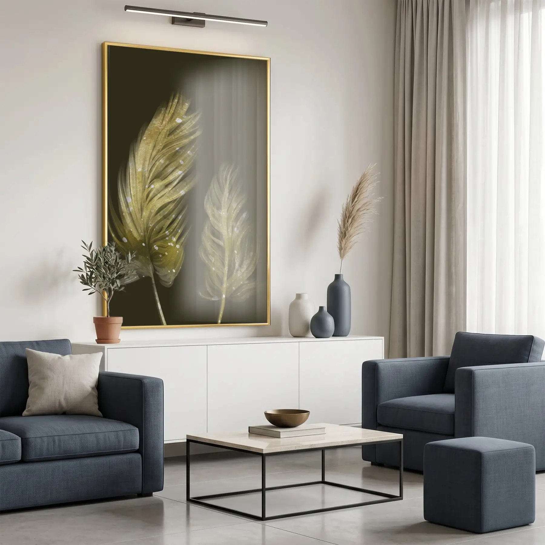 Süzülen Tüyler Koyu Altın Tekli Gold Metal Çerçeveli Cam Tablo Poster Dekoratif Obje