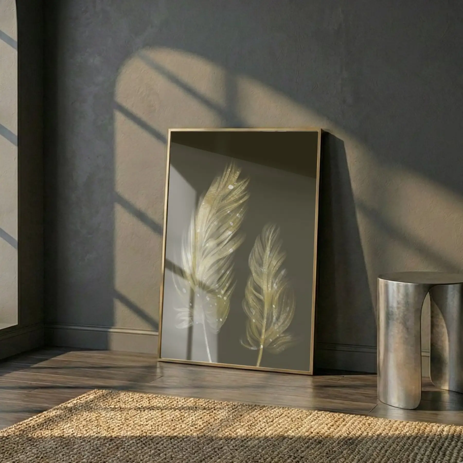 Süzülen Tüyler Koyu Altın Tekli Gold Metal Çerçeveli Cam Tablo Poster Dekoratif Obje