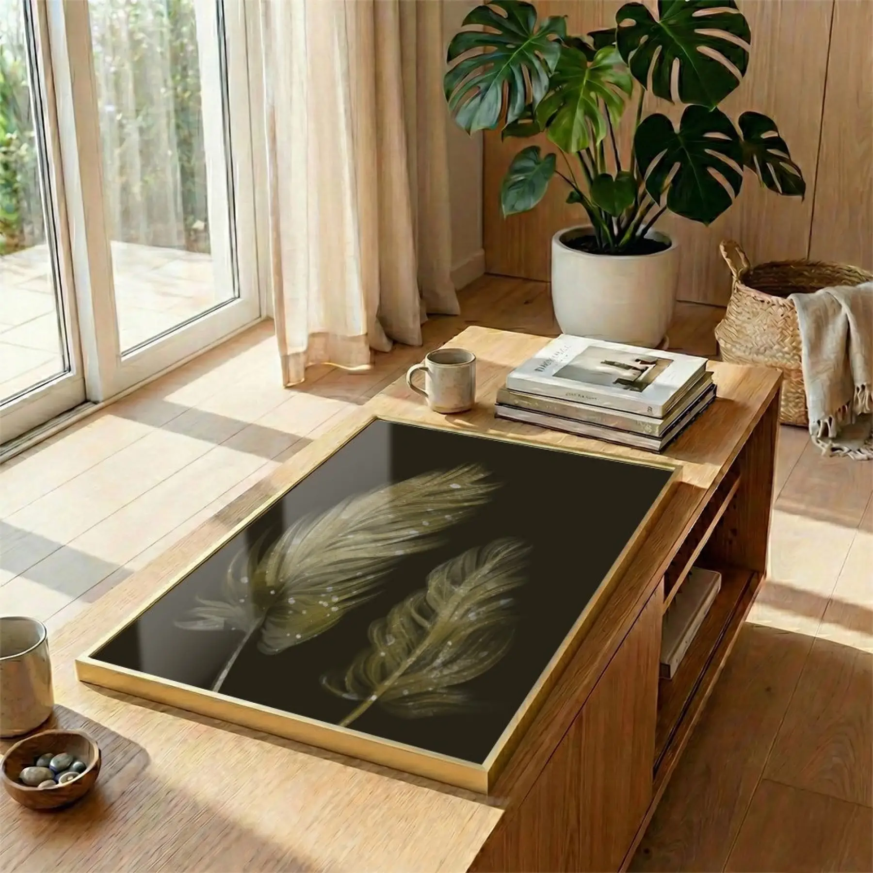 Süzülen Tüyler Koyu Altın Tekli Gold Metal Çerçeveli Cam Tablo Poster Dekoratif Obje