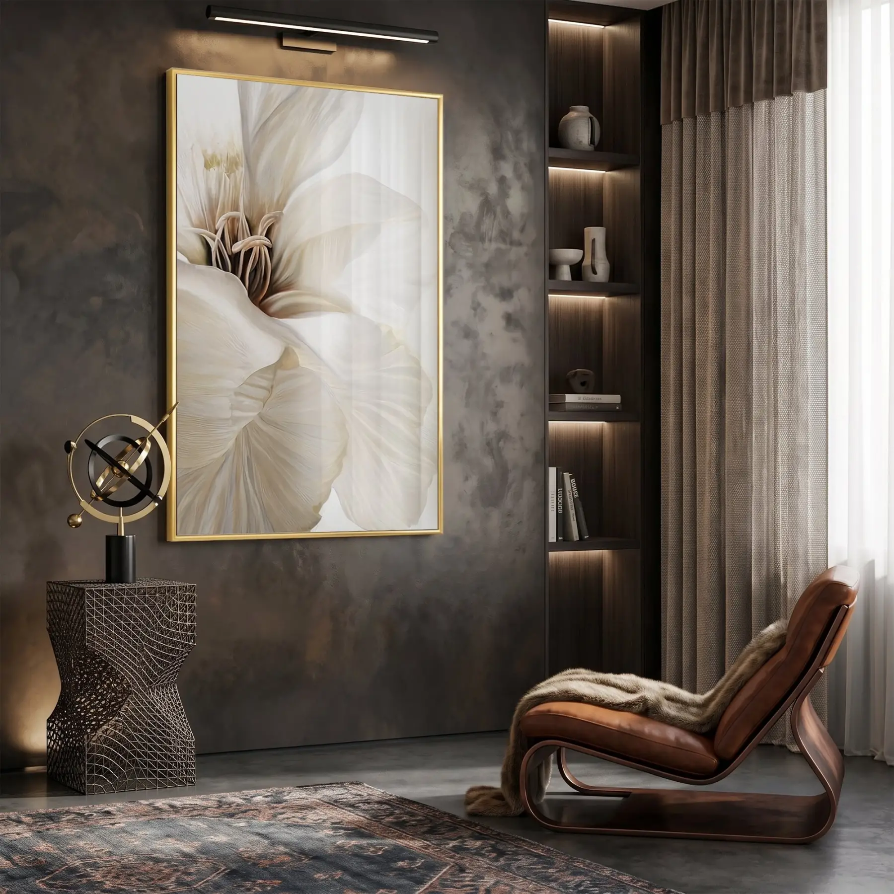 Geniş Çiçek Sıcak Krem Ton Tekli Gold Metal Çerçeveli Cam Tablo Duvar Salon