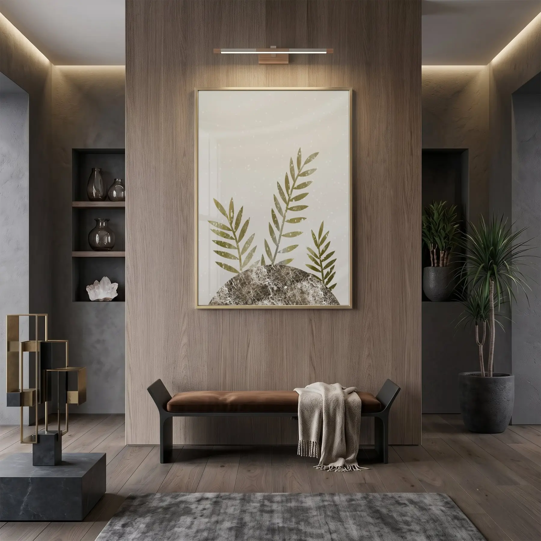 Bitkisel Yapraklar Doğal Toprak Tonları Tekli Gold Metal Çerçeveli Cam Tablo Poster Dekoratif