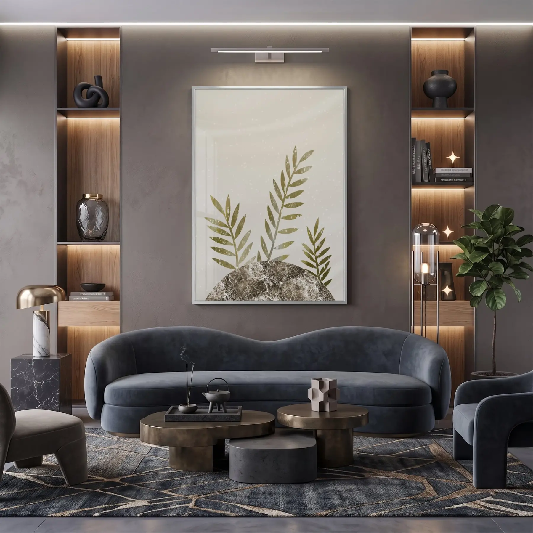 Bitkisel Yapraklar Doğal Toprak Tonları Tekli Gümüş Metal Çerçeveli Cam Tablo Salon Oturma
