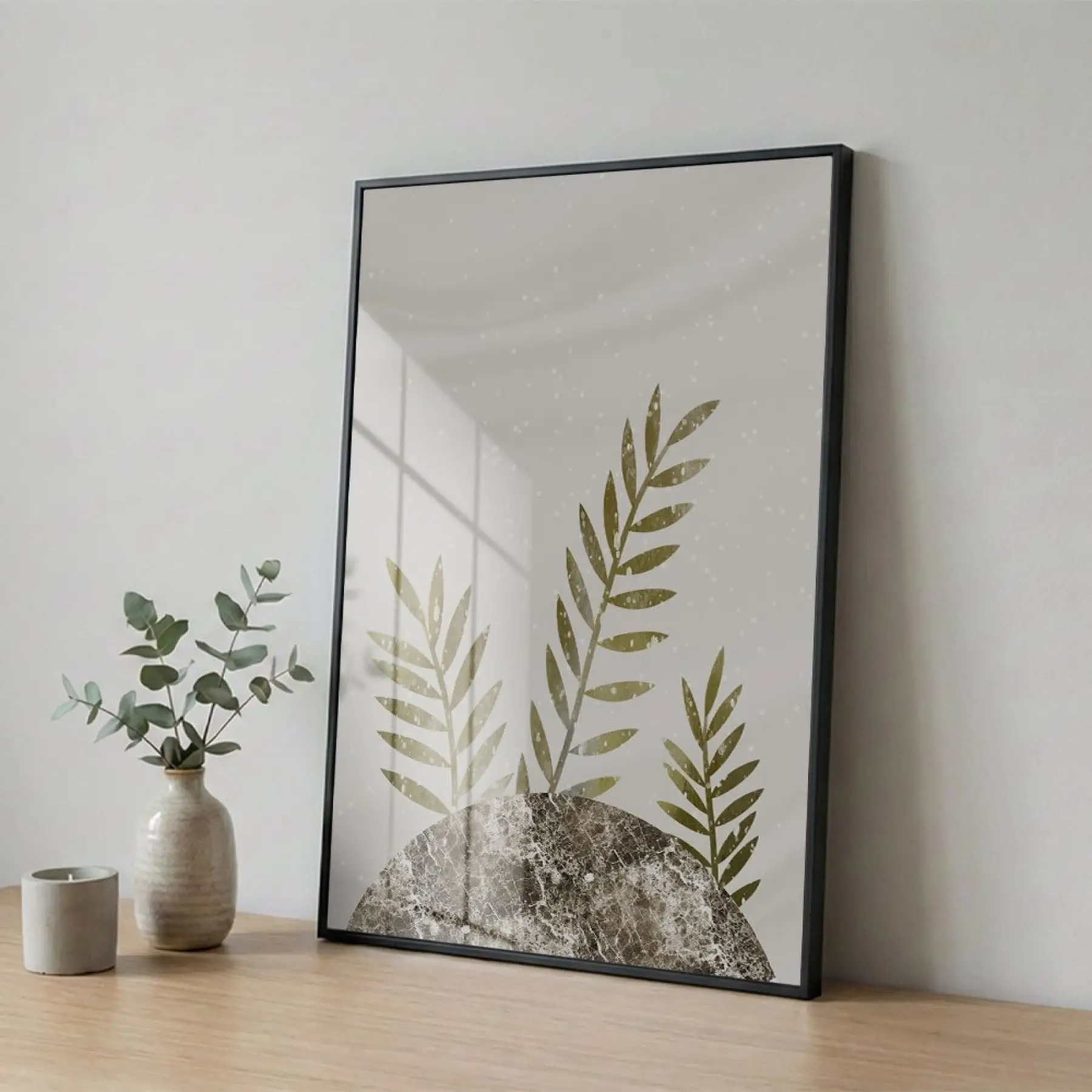 Bitkisel Yapraklar Doğal Toprak Tonları Tekli Siyah Metal Çerçeveli Cam Tablo Poster Dekoratif