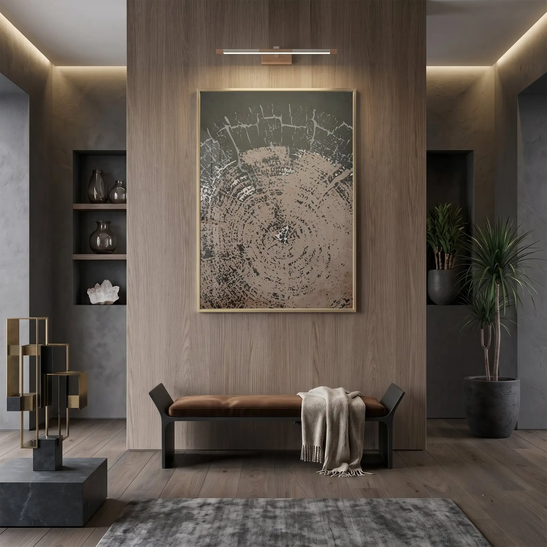 Odun Dokusu Kahve Gri Tonlar Tekli Gold Metal Çerçeveli Cam Tablo Duvar Salon