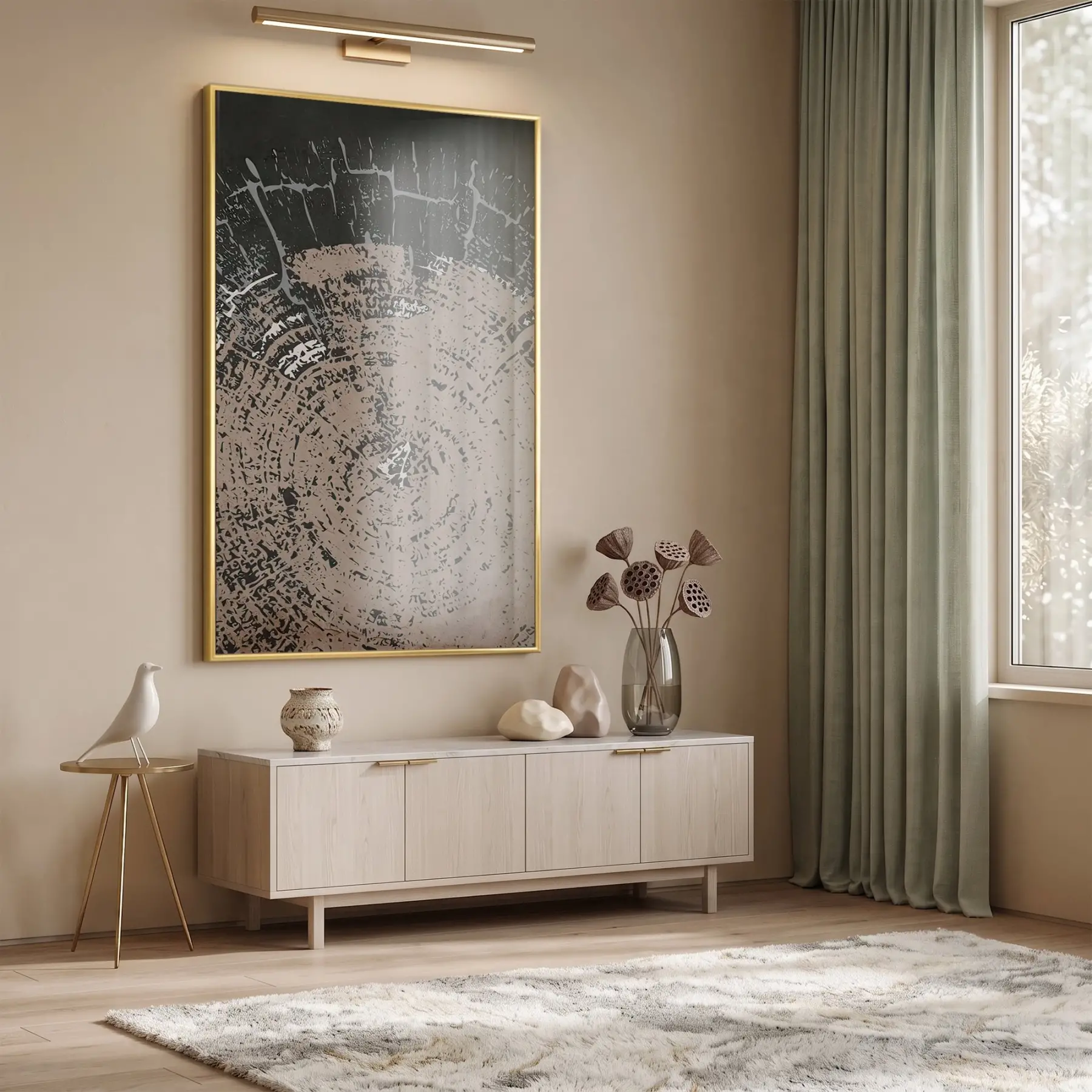 Odun Dokusu Kahve Gri Tonlar Tekli Gold Metal Çerçeveli Cam Tablo Duvar Salon
