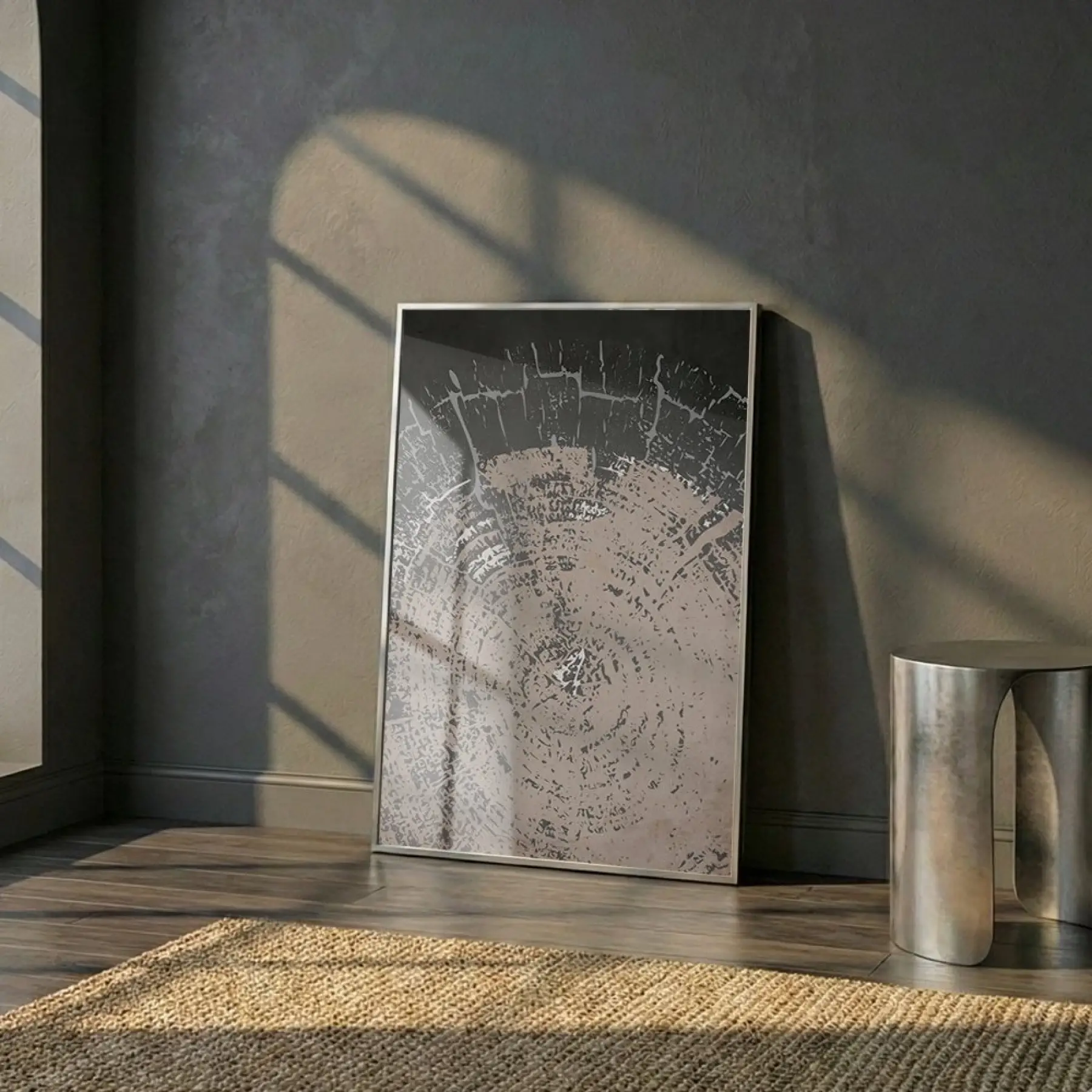 Odun Dokusu Kahve Gri Tonlar Tekli Gümüş Metal Çerçeveli Cam Tablo Poster Dekoratif