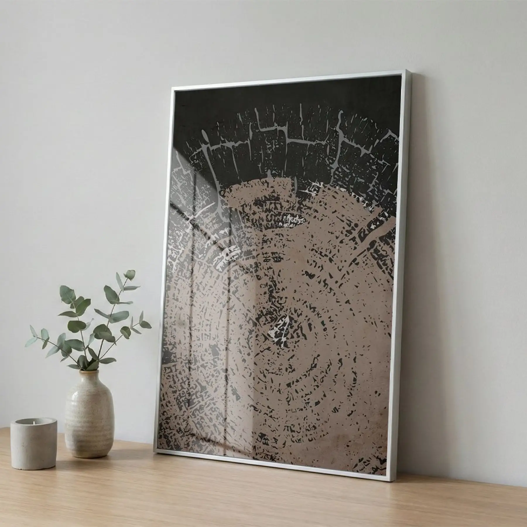 Odun Dokusu Kahve Gri Tonlar Tekli Gümüş Metal Çerçeveli Cam Tablo Poster Dekoratif